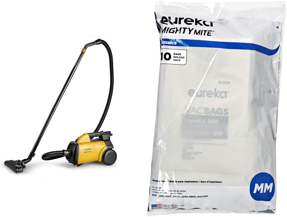 Bundle of Eureka 3670M Canister Cleaner, Lightweight Powerful Vacuum for Carpets and Hard Floors, w/ 5bags,Yellow + Eureka MM Vacuum 60297A Style-10 Per Unit, 10 Bags, White