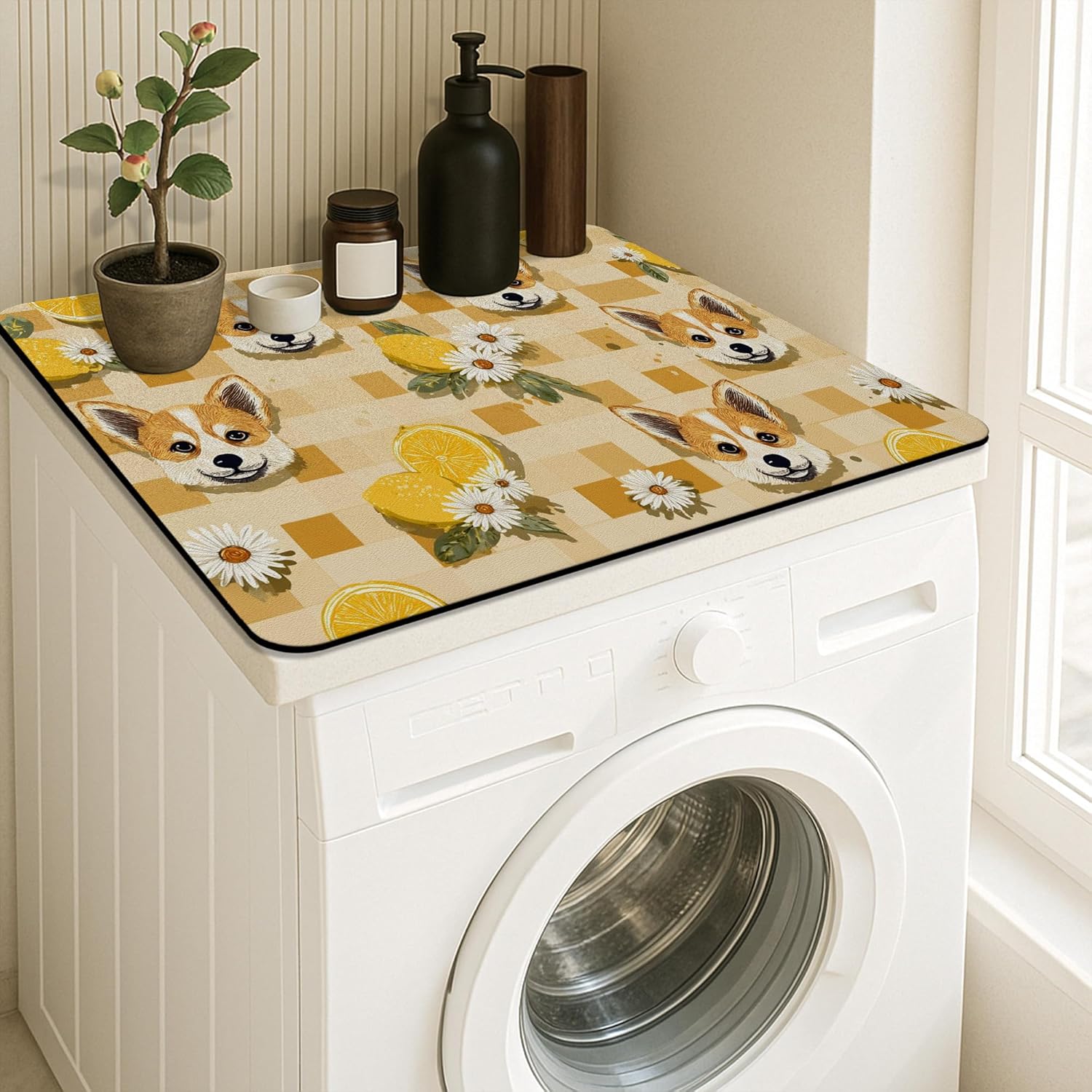 Corgi Washer Dryer Top Protector Mat, Vintage Animal Patterned Laundry Machine Dust Cover, Spring Inspired Rubber Anti-slip Waterproof Washer And Dryer Mats for Laundry Room 24x24 Inch
