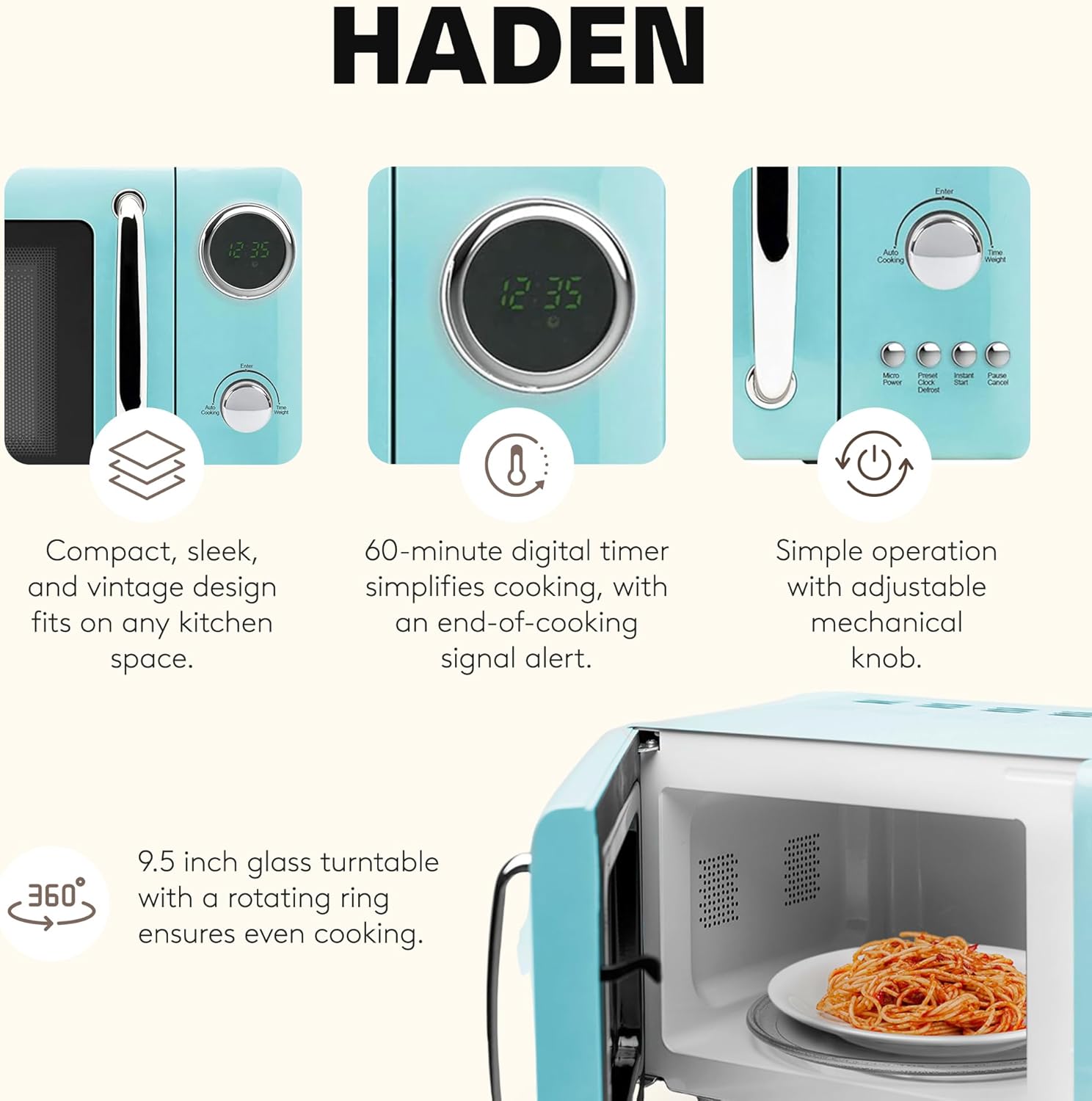 Haden 700 Watt 0.7 Cubic Foot Microwave Oven with Digital Controls, Defrost, and Instant Start Countertop Small Appliance, Turquoise/Chrome