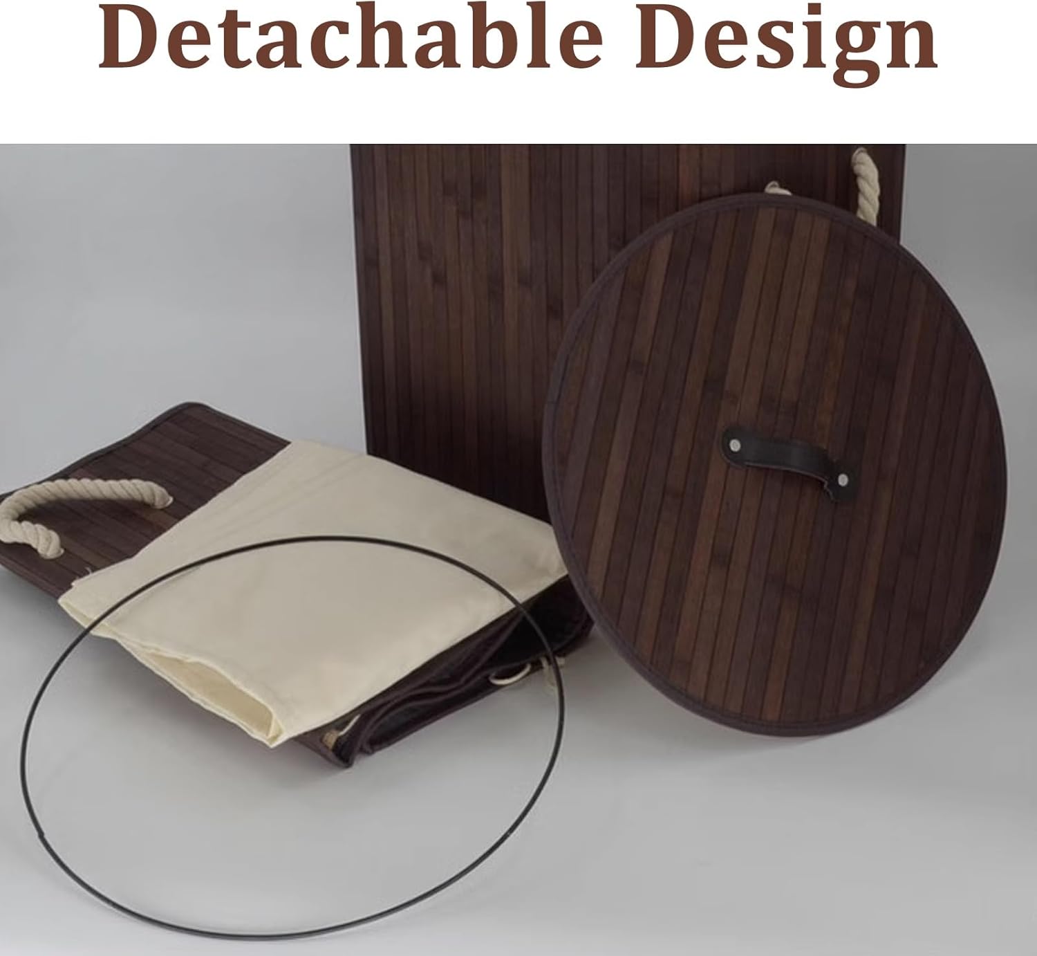 Laundry Hamper with Lid, Bamboo Laundry Basket with Handles, Removable Machine Washable Laundry Basket, for Laundry Room, Bedroom, Bathroom(Brown,Round)