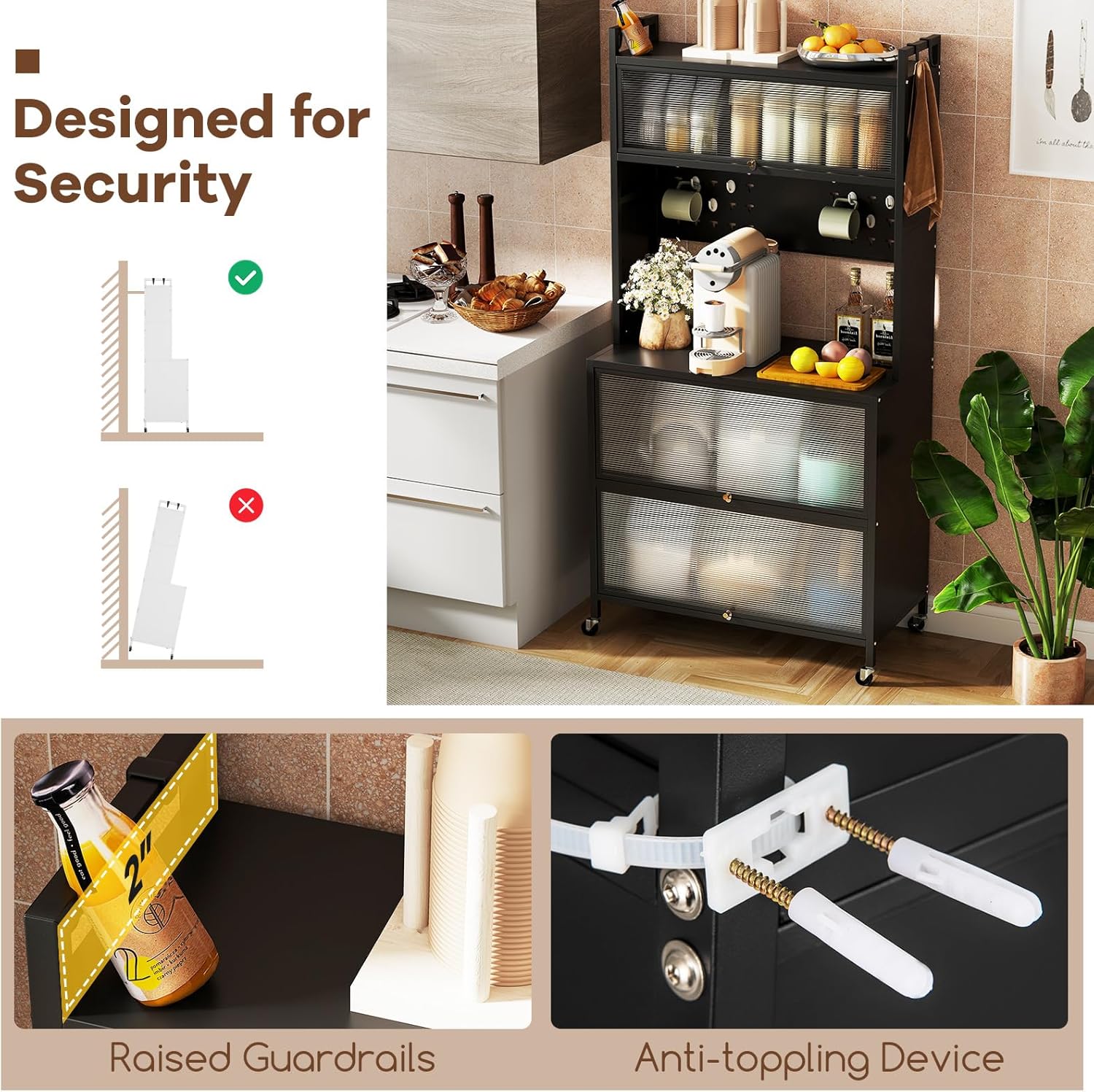 Giantex 5 Tier Rolling Kitchen Bakers Rack with Wheels, Microwave Stand with Flip Door Storage Cabinets, Pegboard & Hooks, Adjustable Foot Pads, Standing Pantry for Home Coffee Bar (Black)