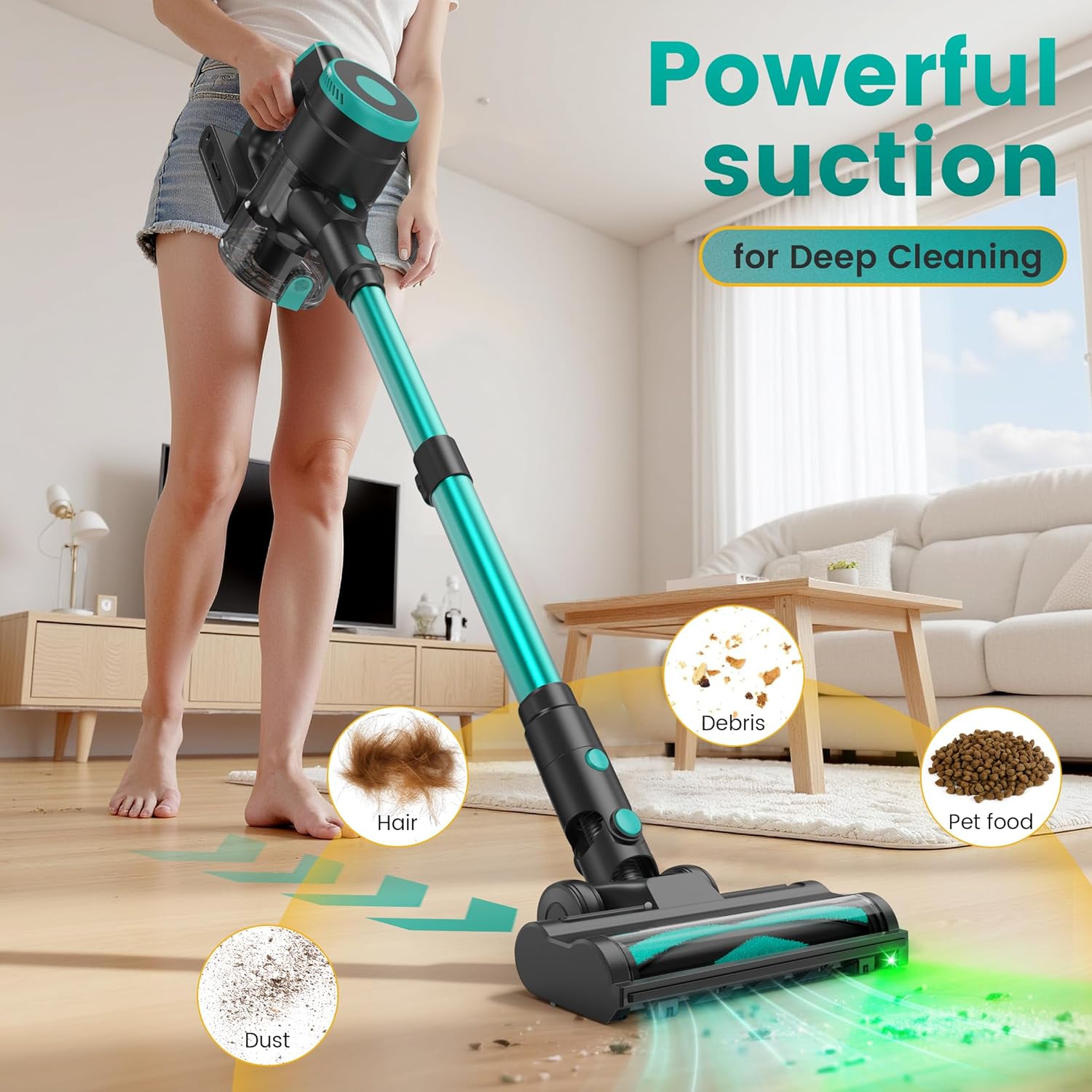 Zefiro Cordless Vacuum Cleaner for Home,45Mins Runtime Stick Vacuum Cleaners, Anti-Tangle and 1.5L Dust Cup, Lightweight Vacuum for Hardwood Floor Carpet Pet Hair (Green)