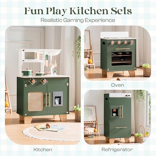 ROBOTIME Play Kitchen with Toy Fridge, Toy Oven, Wooden Kids Kitchen Play Set, Toy Kitchen Set for Kids Age 3 4 5 6 7 (Vintage Green)