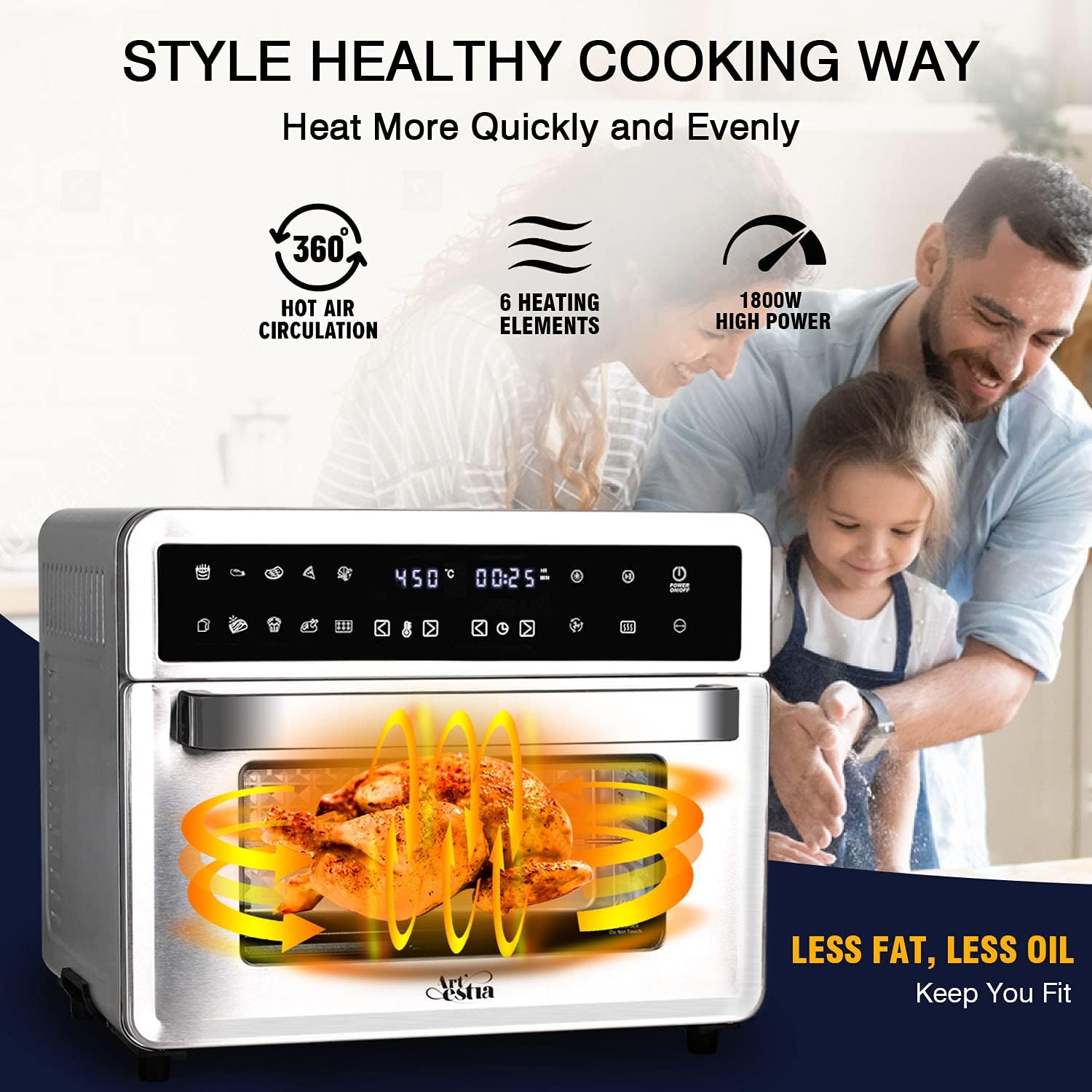 Artestia 26.4-QT Large Toaster Oven 10 IN 1 Air Fryer Digital Convection Countertop Ovens with Dehydrate and Reheat, Multifunction Toaster Oven Air Fryer Combo, 7 Accessories, 1800W