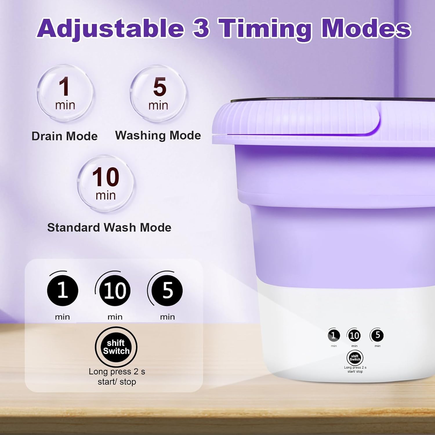 6.5L Folding Washing Machine,Portable Washing Machine,Small Washer with 3 Modes Deep Cleaning & Spin-dry,Easy to Carry,Suitable for Apartments, Dormitories, Camping, RV, Travel,Hotels-Purple