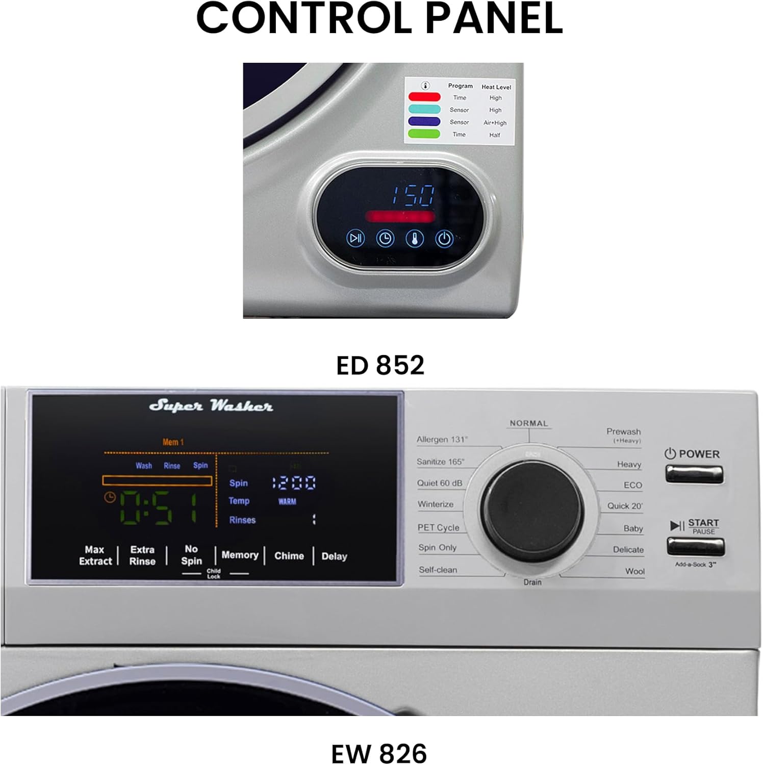 Equator Premium Stackable 15 Lbs Washer 1.62cf 110V+Vented Digi Dryer 3.5cf 110V (Silver)