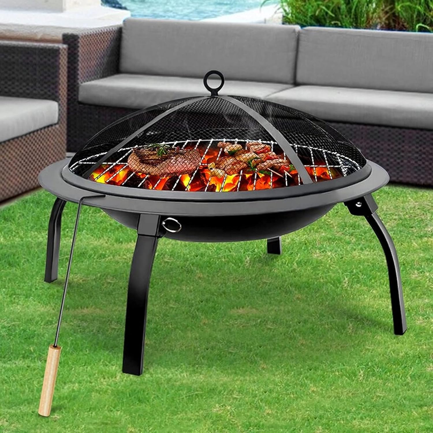 Portable Outdoor Fire Pit Bowl, Wood Burning Firepit w/Mesh Spark Screen Cover,Grill Grate, Poker, Bonfire Heating Basin for Backyard,Garden,Patio,Yard