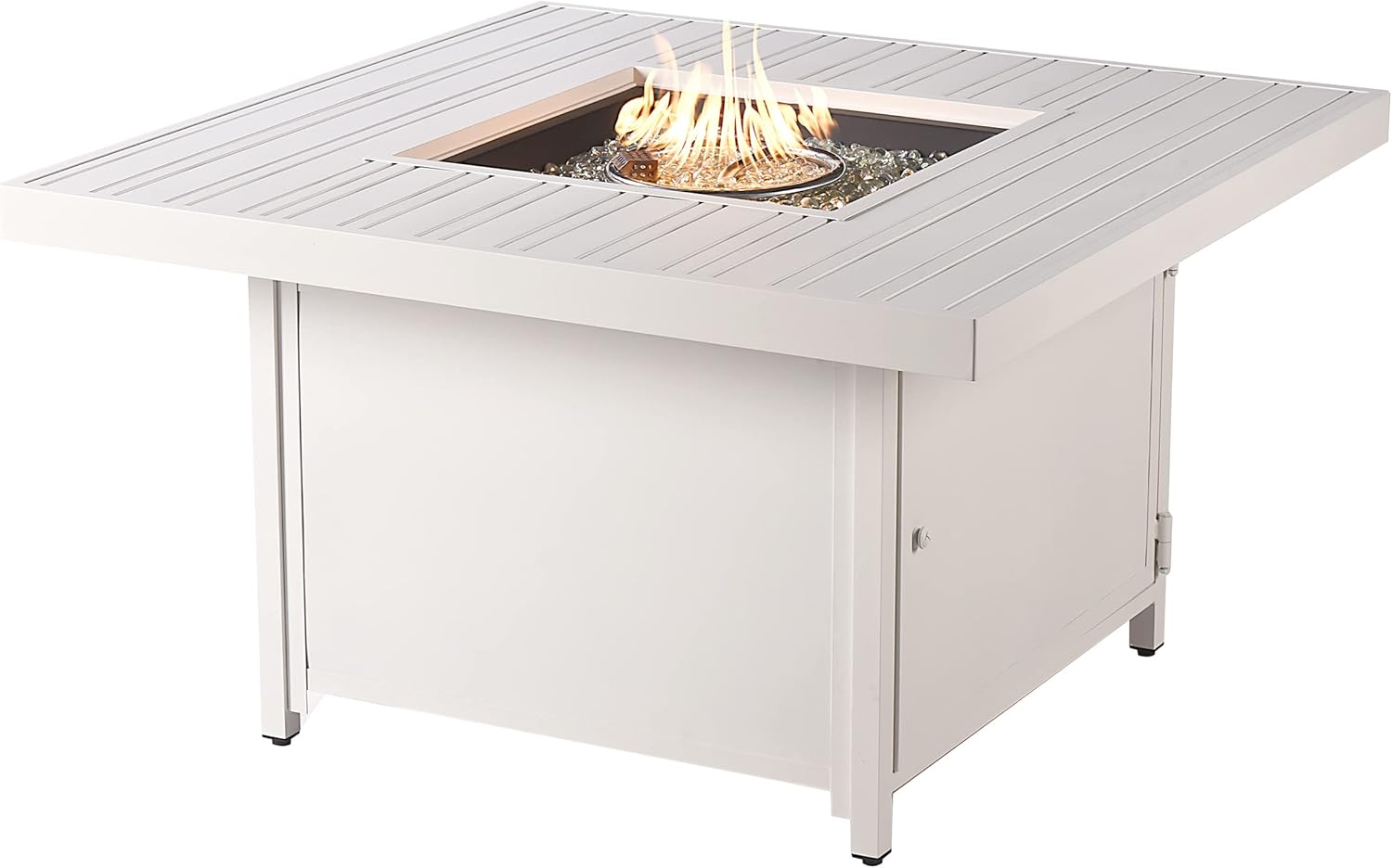 Square 42 in. x 42 in. Aluminum Propane Fire Pit Table with Glass Beads, Two Covers, Lid, 57,000 BTUs in White Finish