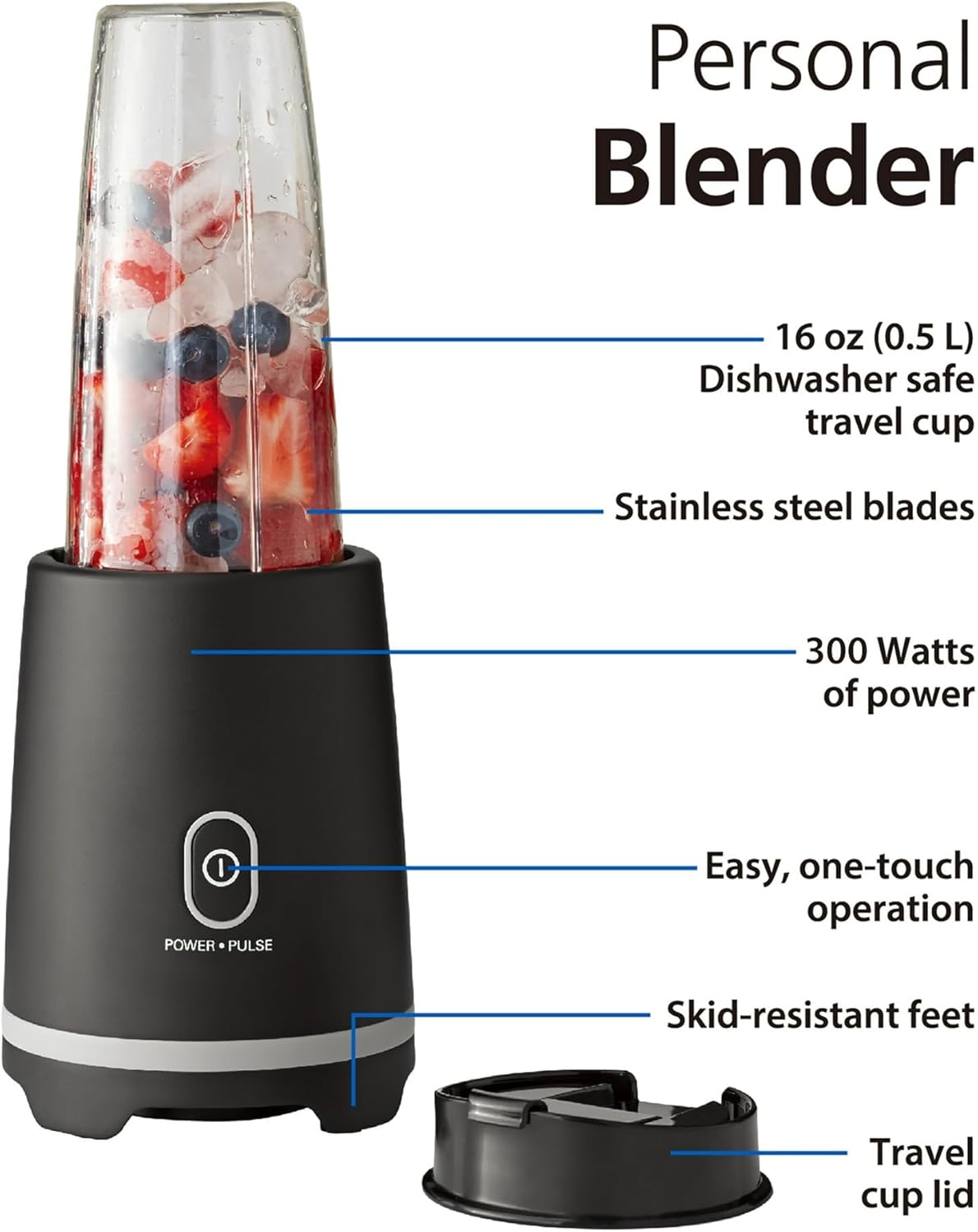 Compact Single-Serve Blender with 16 oz Travel Cup and Lid - Perfect for Smoothies and On-the-Go Beverages