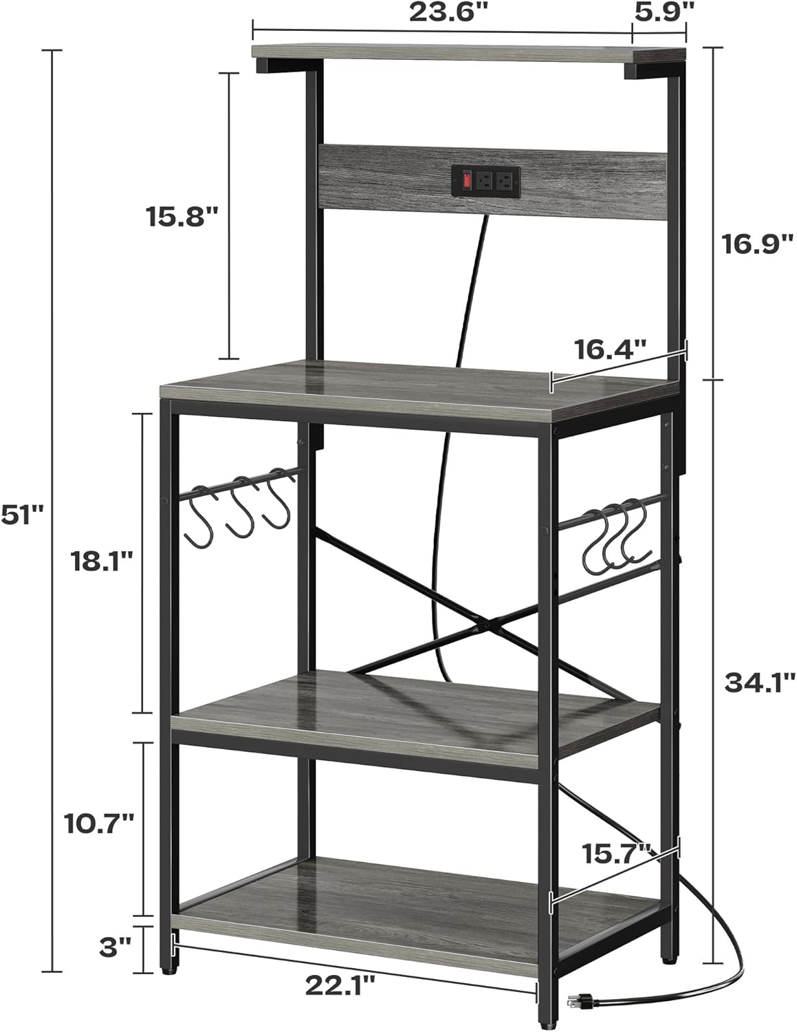 SUPERJARE Kitchen Bakers Rack with Power Outlet, Coffee Bar Table 4 Tiers, Kitchen Microwave Stand with 6 S-Shaped Hooks, Storage Shelf Rack for Spices, Pots and Pans - Charcoal Gray