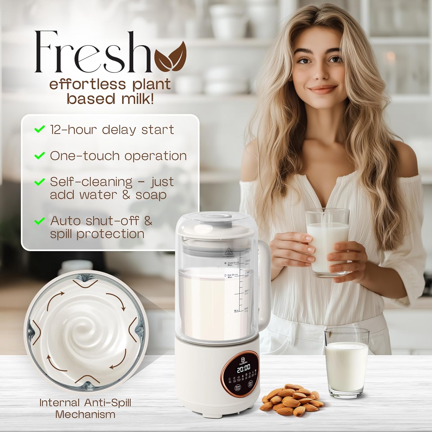 New 8-in-1 Nut Milk Maker 50 oz– Almond, Soy, Oat, Coconut Milk, Dairy-Free Milk, Plant-Based Milk, Smoothie with 12 blades- Features Delay Start, Self-Cleaning & Milk Frother- Recipe Book & More