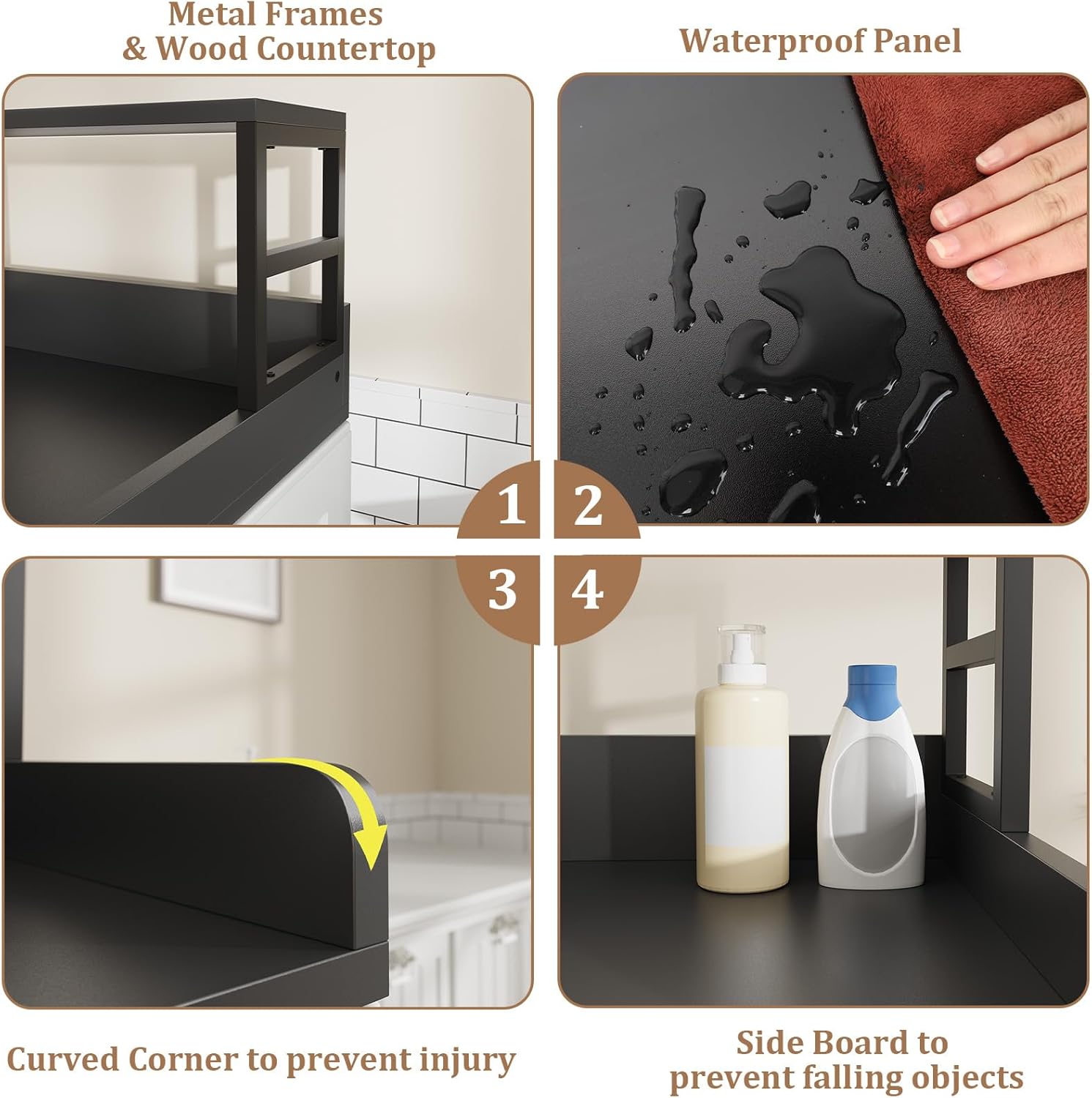 Washer Dryer Countertop with Shelf, 23.62″D x 23.62″W x 16.57″H, Countertop for Washer and Dryer Top with Non-Slip Pads and Edge Rails, Laundry Room Storage and Organization(Black)