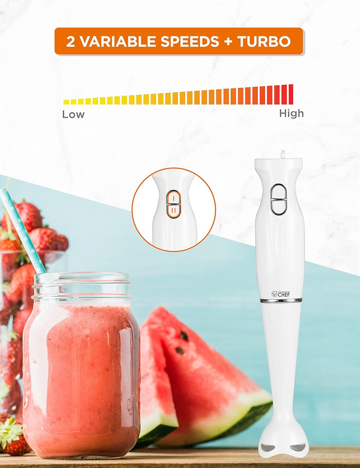 COMMERCIAL CHEF Immersion Blender, Hand Blender with Stainless Steel Blades, Immersion Blender with Quiet Motor, Electric Mini Blender for Delicious Food