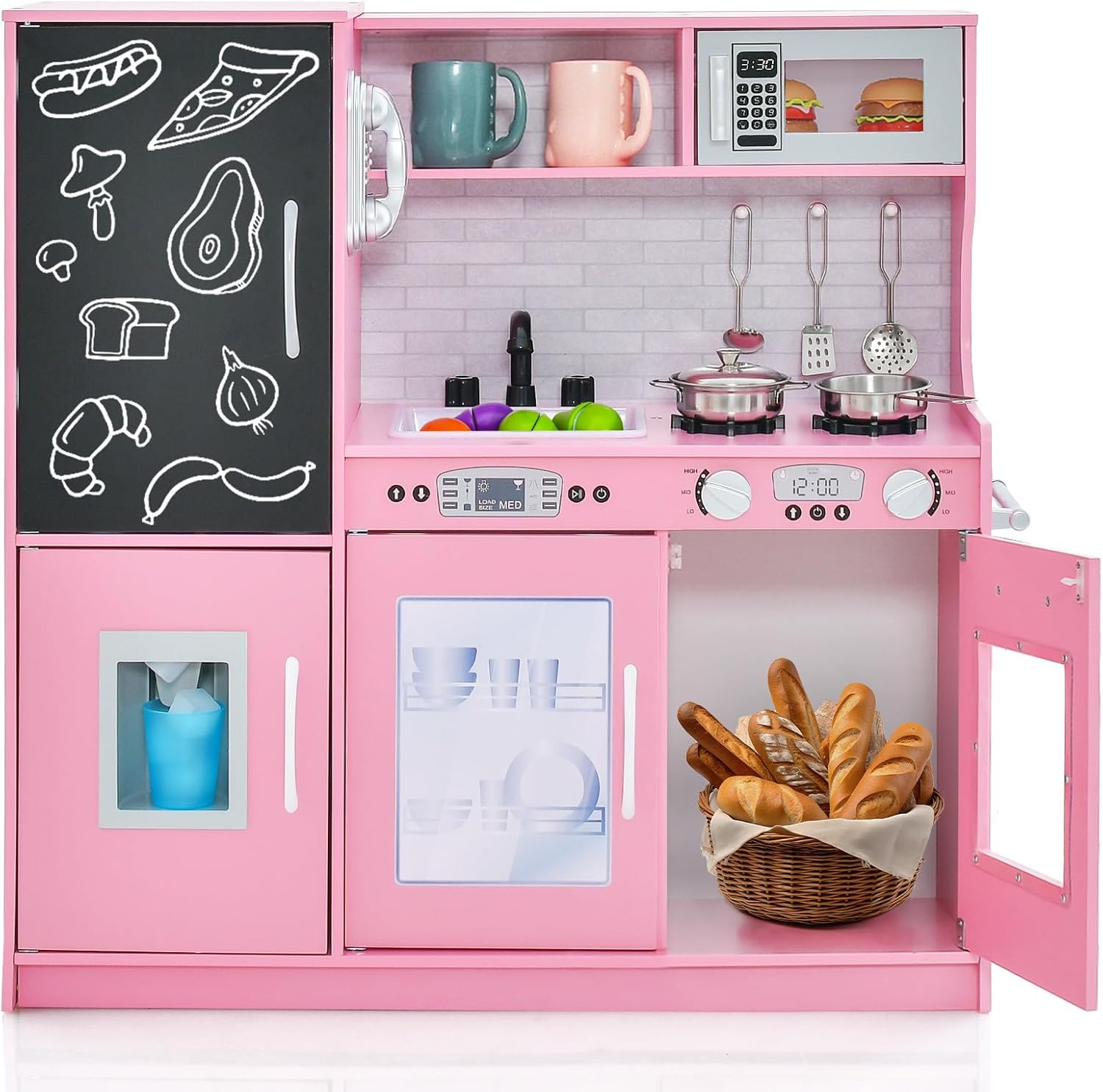 Costzon Kids Kitchen Playset, Wooden Pretend Cooking Toy Set w/Realistic Sound, Large Blackboard, Telephone, Microwave, Ice Maker, Dishwasher, Oven, Storage Space, Play Kitchen for Kids Ages 3+ (Pink)
