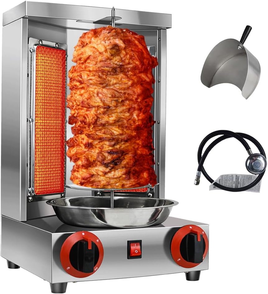 Li Zhen Shawarma Machine Gas Vertical Doner Kebab Machine Shawarma grill Vertical Rotisserie Machine Propane Vertical Broiler with 2 Burner and Meat Catch Pan for Kitchen,(Patented Product)
