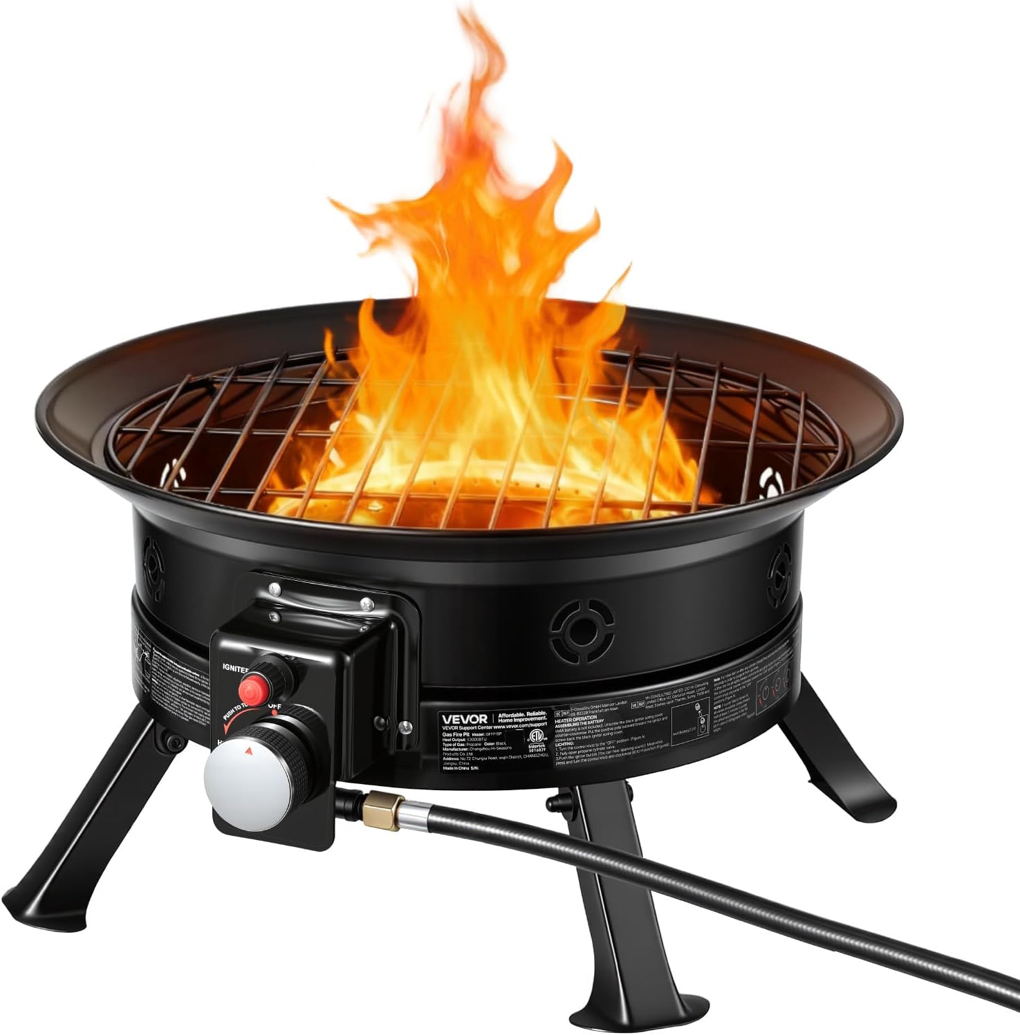 VEVOR Propane Fire Pit 24-Inch, 53,000 BTU Portable Gas Fire Pit, with Grill Grate & Lava Rocks, Adjustable Flame, Folding Legs,Smokeless Outdoor Firebowl for Camping, Patio, Backyard, Deck, RV, Black
