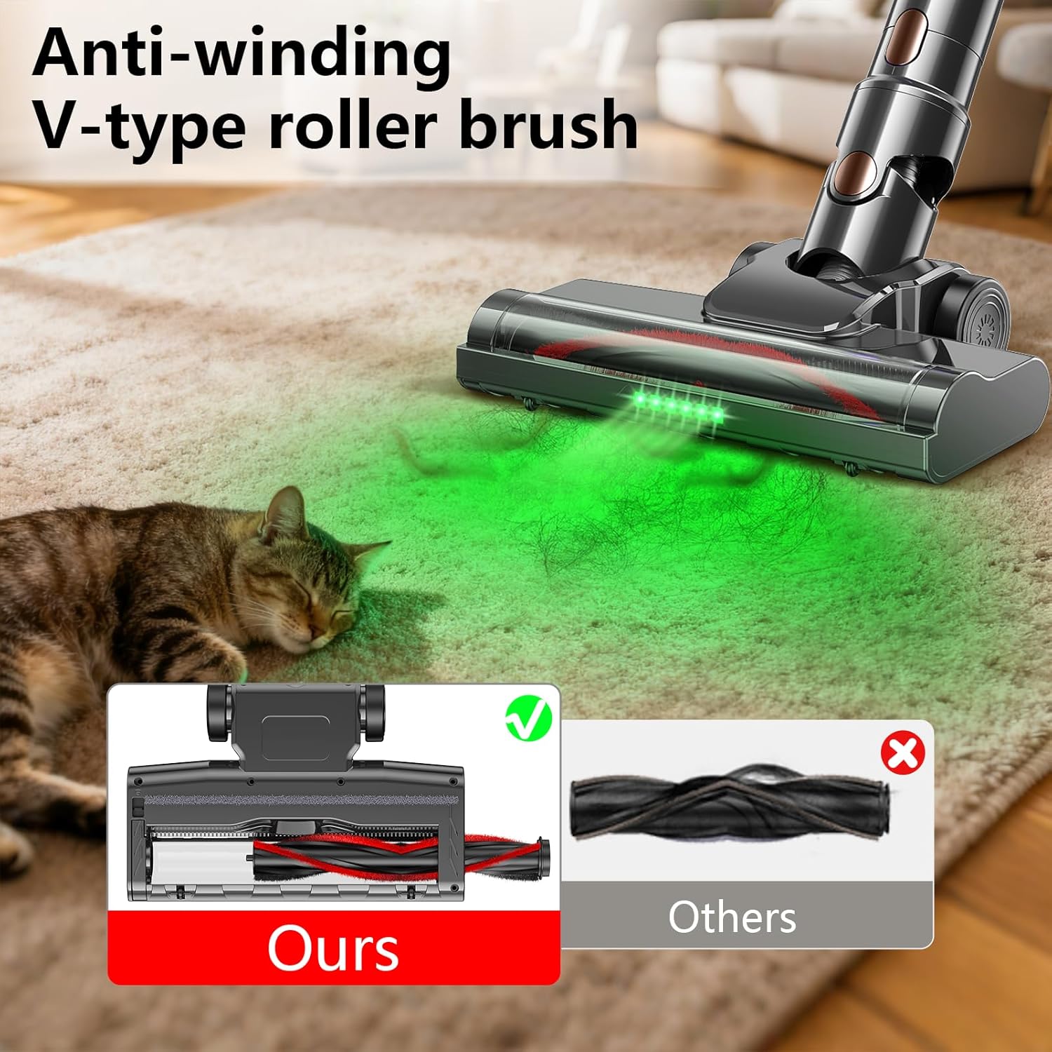 Cordless Vacuum Cleaner, 450W 48KPA Suction Power, 50 Minutes Runtime, Rechargeable Stick Vacuum for Carpet, Tile, Pet Hair, Hardwood Floors, Black Gold
