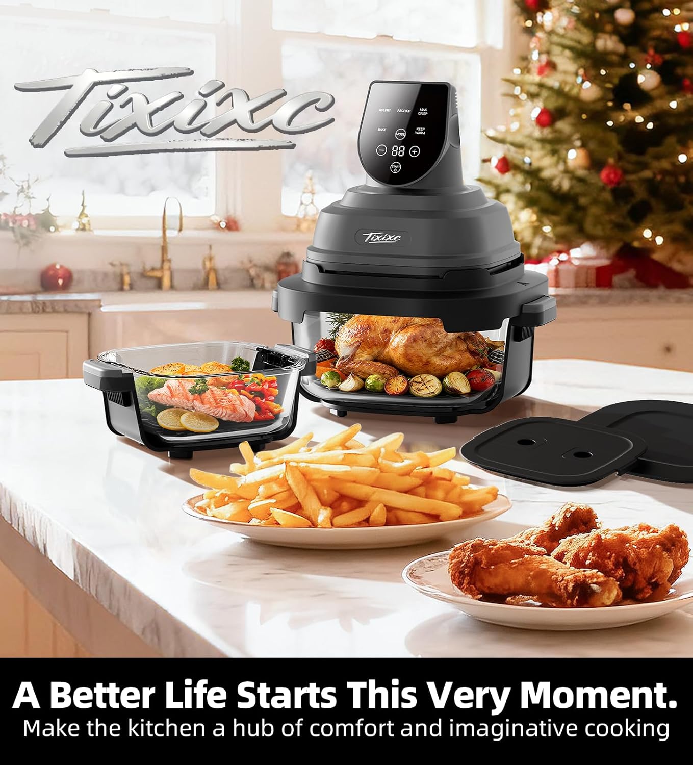 5-in-1 Portable Glass Air Fryer, 4QT & 6-Cup Glass Containers with Lids, Silicone Mat, 1500W Small Air Fryer, 90% Less Oil, Dishwasher/Freezer Safe for Single Servings, Family Meals