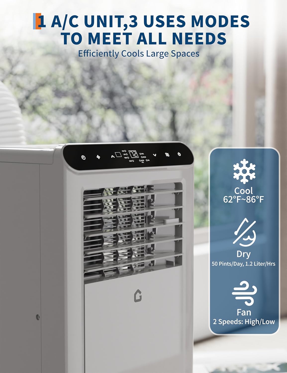 8000 BTU Portable Air Conditioners, 3 in-1 Portable AC Units for Rooms with Dehumidifier, Quiet Room Air Conditioner Cools Up to 350 Sq.Ft., Energy Efficient, Remote, 24Hrs Timer, Auto Swing, Grey
