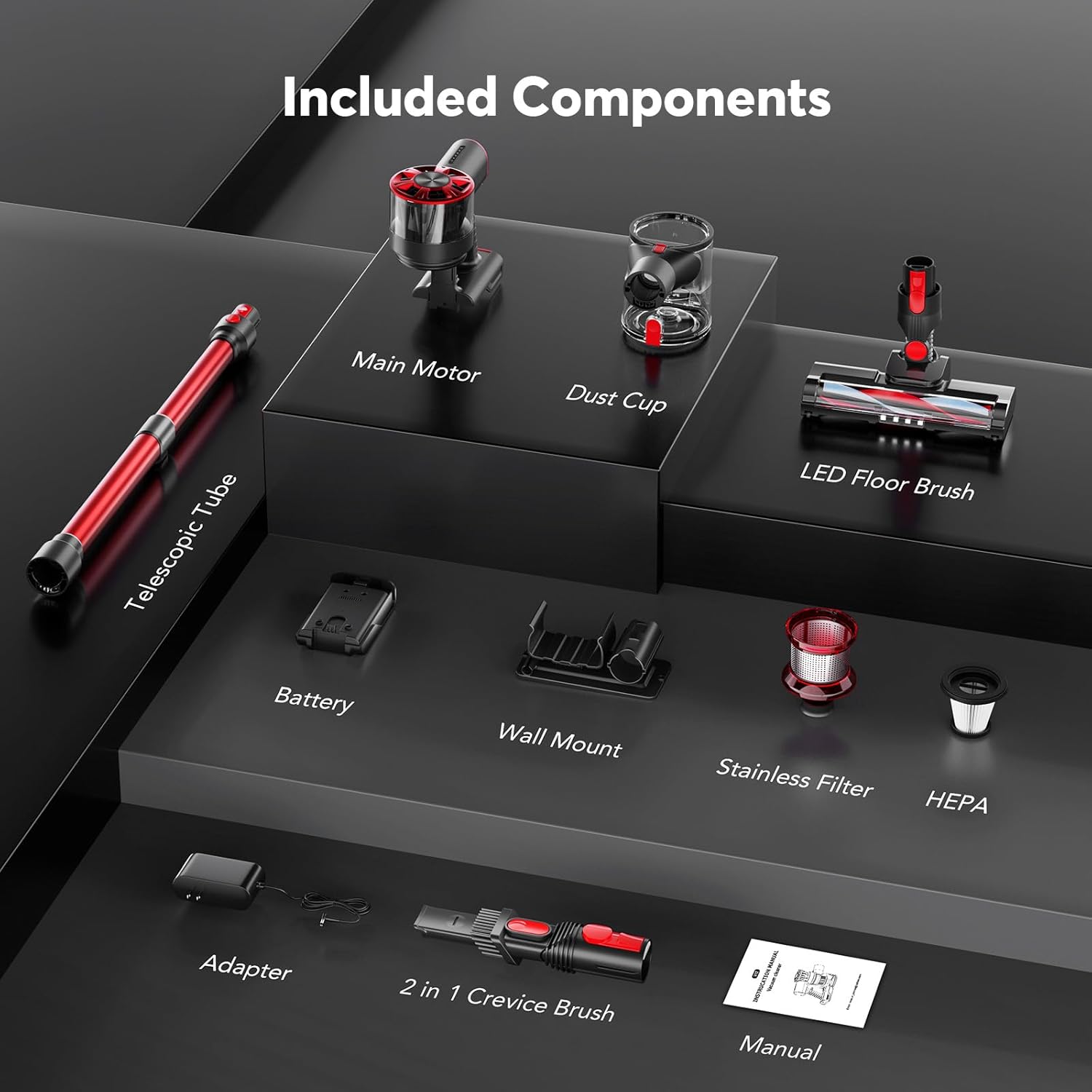 Cordless Vacuum Cleaner for Home, 80,000PRM Powerful 4 in 1 Lightweight Stick Vacuum with 2 Adjustable Suctions, Max 40 Mins Runtime, 2600mAh Rechargeable Vacuum Cleaners (Afterglow Red)