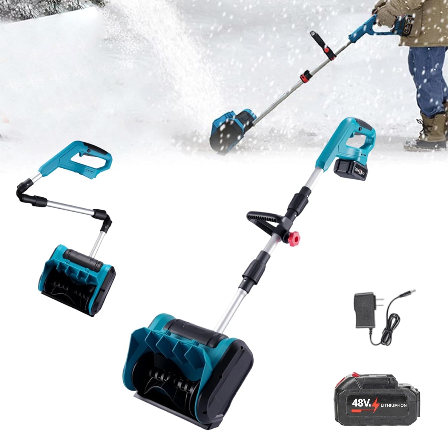 Electric Snow Blower Shovel for Snow Removal, Cordless/Foldable / 26ft Throwing Distance / 48V/96V Battery Powered, for Driveway, Sidewalk, Walkway, Deck & Patio (Blue, +48V)