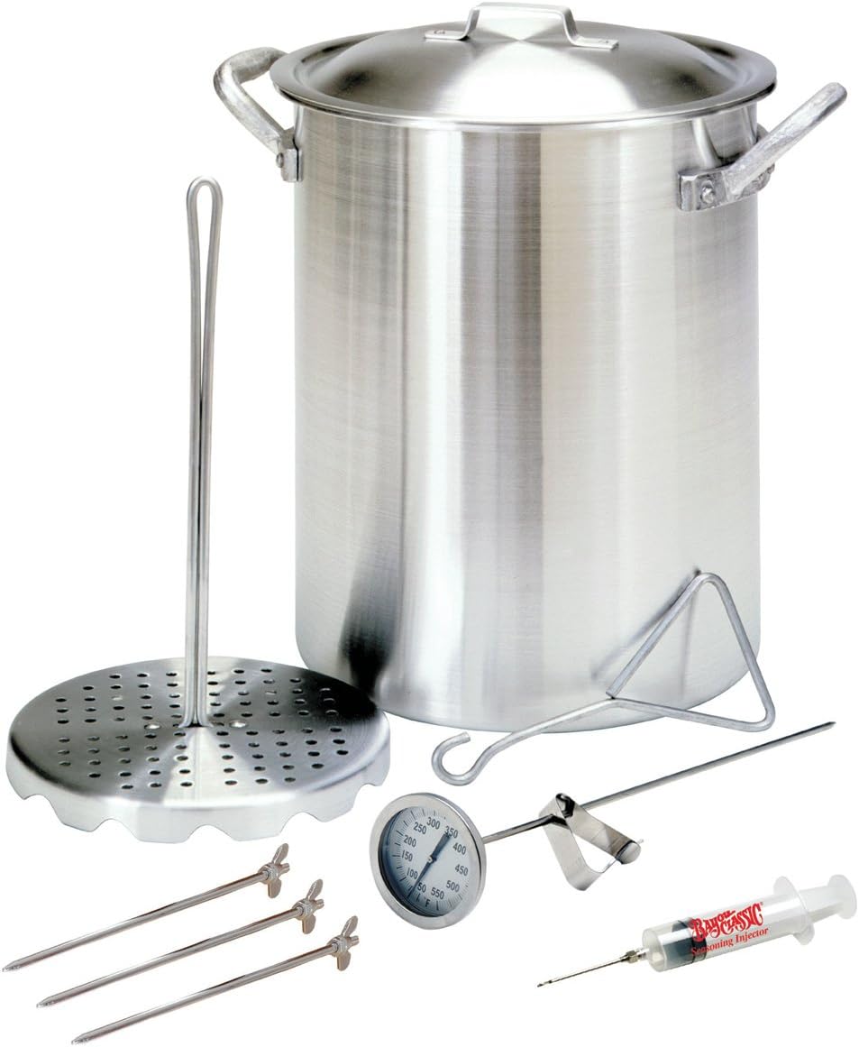 Bayou Classic 3025 30-qt Aluminum Turkey Fryer Set Features 30-qt Aluminum Turkey Fryer Pot Perforated Poultry Rack & Hook 12-in Stainless Thermometer 1-oz Seasoning Injector