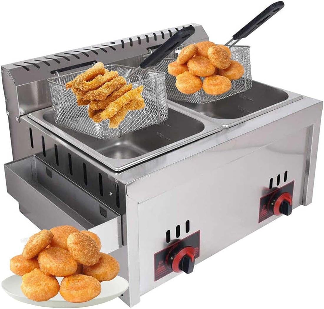 Commercial LPG Gas Fryer with Dual Tanks, Adjustable Temperature Control, for Home and Restaurant Use