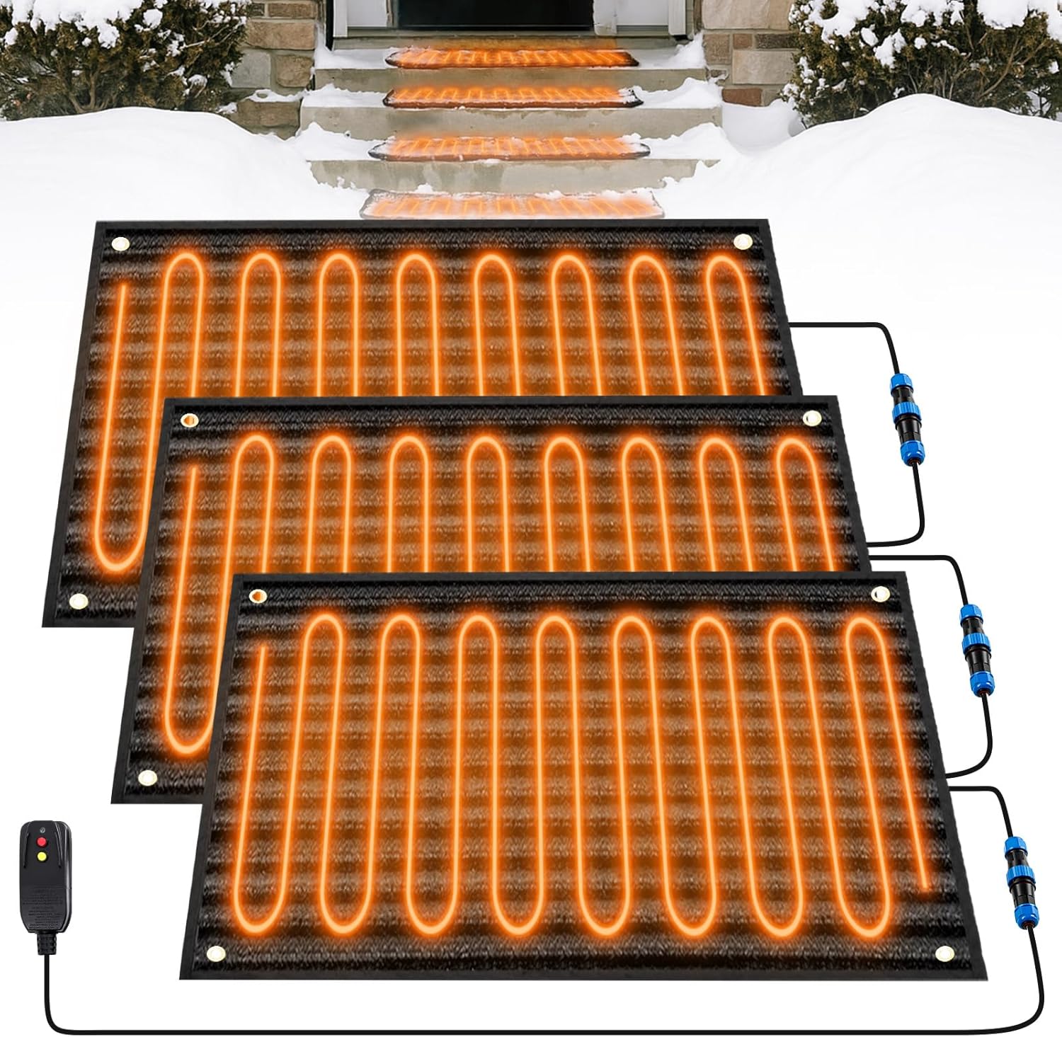 Baquler 3 Pcs Heated Snow Melting Mats Winter Heated Outdoor Mats Slip Proof Melts up to 3 Inch/h for Snow Removal Stair Step Driveway Walkway Connection with 9.84 ft Power Cord(Black,20 x 30 Inch)