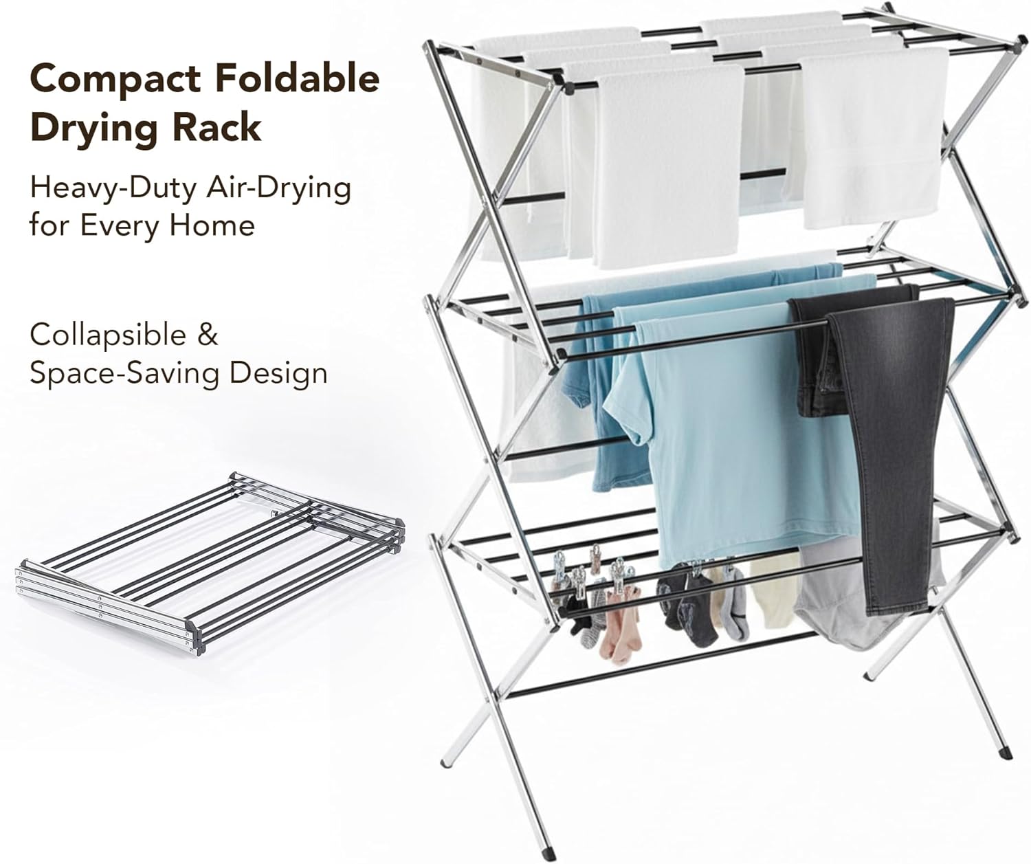 Displays By Jack Portable Collapsible Clothing Dryer Rack, Foldable Drying Rack for Clothes, Lingerie, Towels, Linens, Laundry Home Apartment Must Haves, Metal Chrome Finish