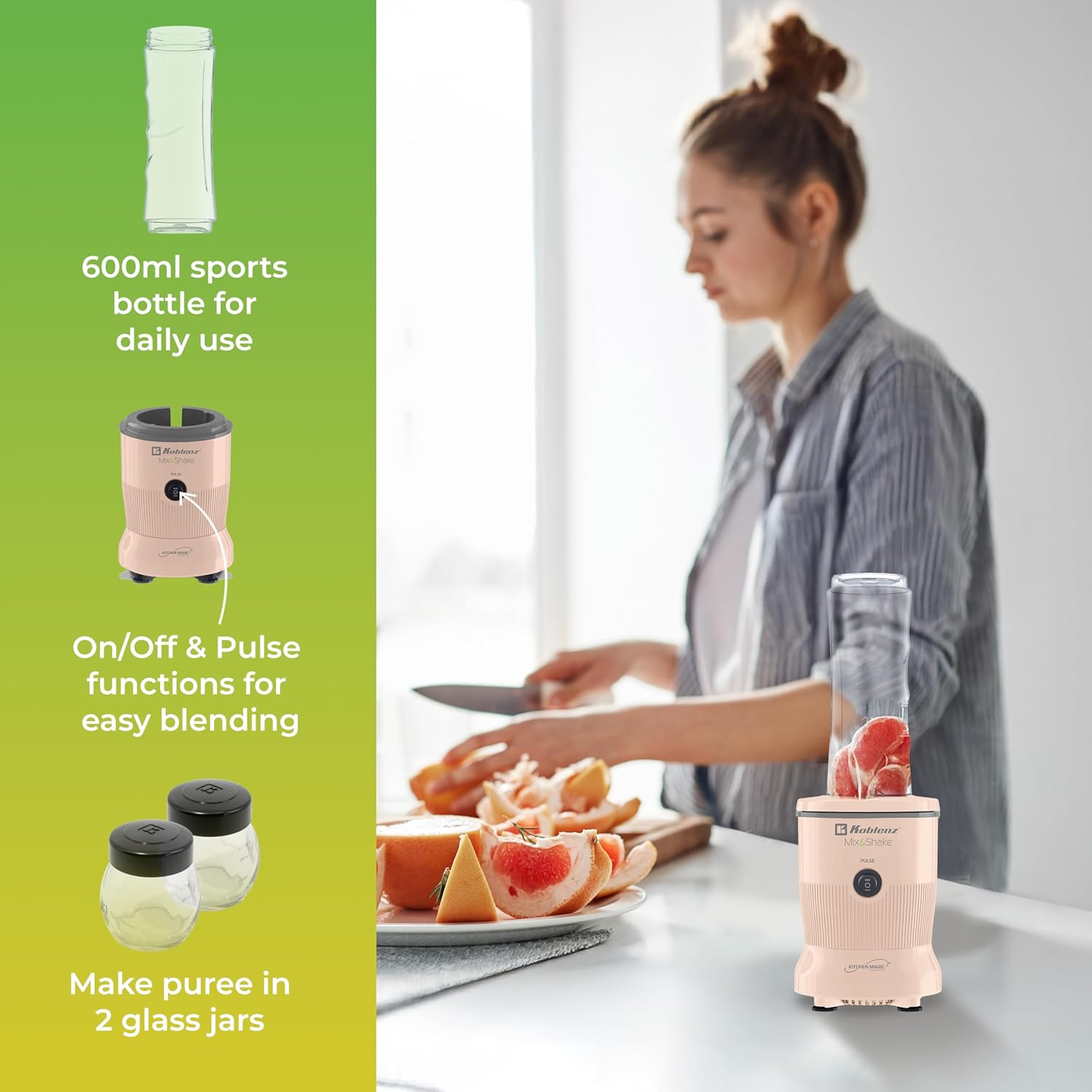 Mix&Shake Blender, 20 oz Portable Blender, 600W Motor, Pulse, ON/OFF, Stainless Steel Blades, Shakes, Sauces, Smoothie Maker, (1) 20 oz To-Go Bottle, (2) 10 oz Glass Jars, Pink, MSKM-600 2PS