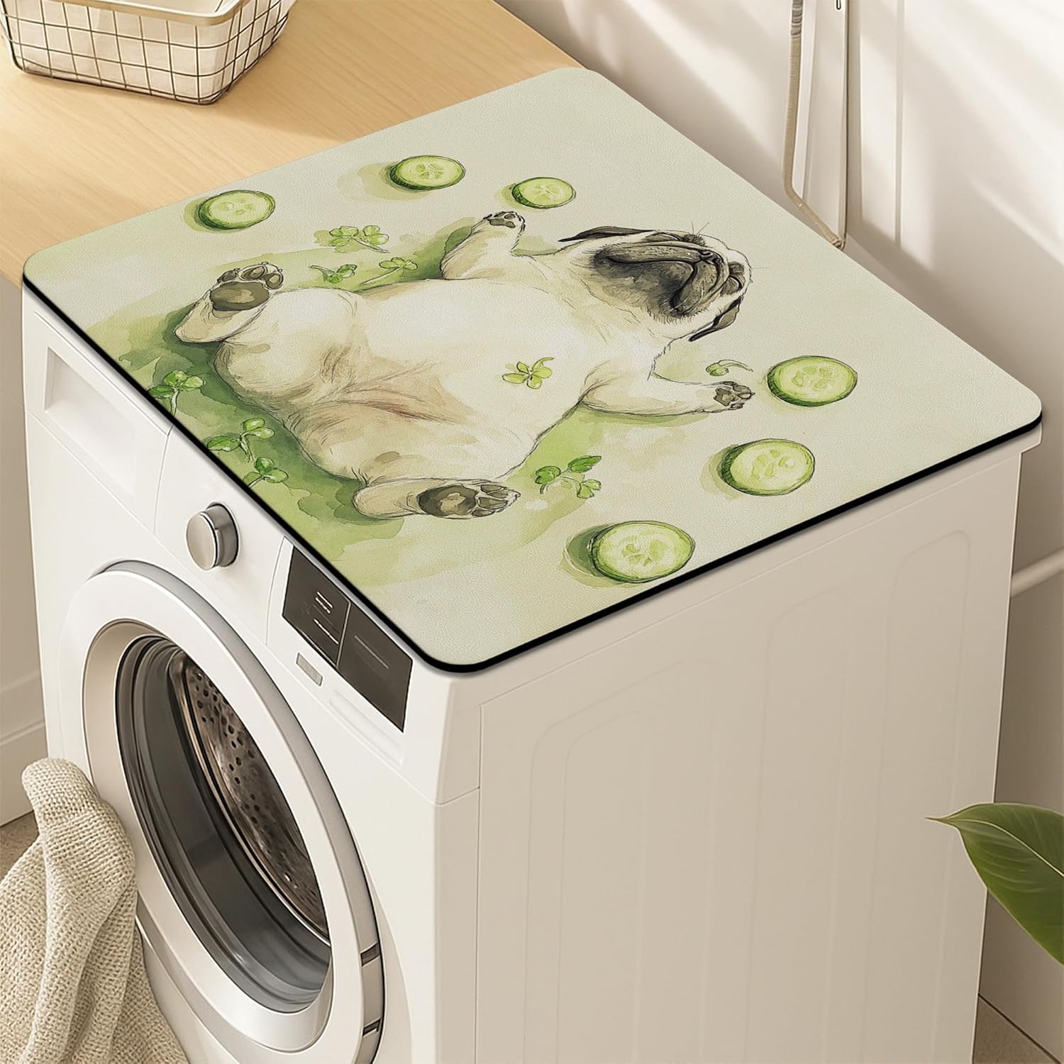 Cute Pug Washer Dryer Top Protector Mat, Fanciful Animal Design Laundry Machine Dust Cover, Summer Home Decor Rubber Anti-slip Waterproof Mat for Laundry Room 24x24 Inch