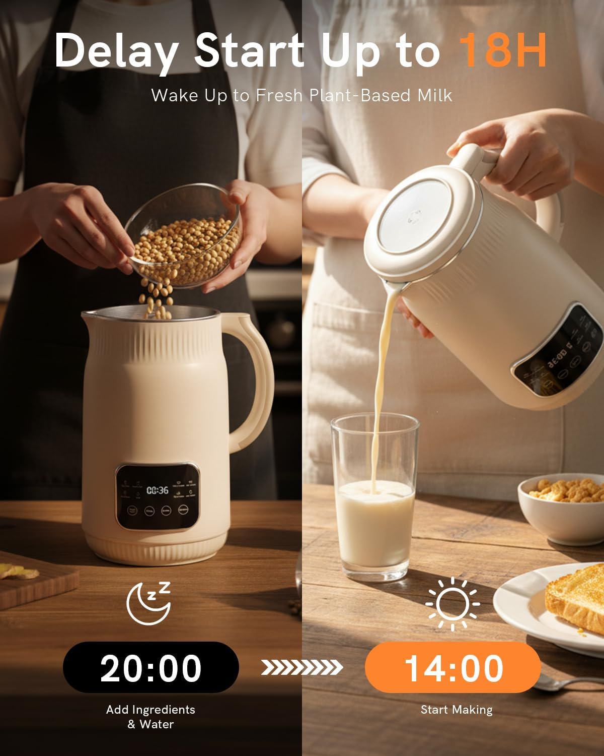 50oz Nut Milk Maker Machine(Stainless Steel) Blender, 8-in-1 Automatic Soy Milk Maker for Vegan, Homemade Almond/Coconut/Oat Plant-Based Milk with 18H Delay Start,4H Keep Warm, Self-Clean& Boil Water