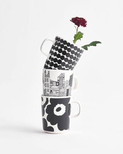 MARIMEKKO Oiva/Unikko Set of 2 White/Black Stoneware Mugs | Oiva/Piirto Unikko Coffee, Tea, Consommé 2-Cups (8.8oz each) Oven Microwave Dishwasher