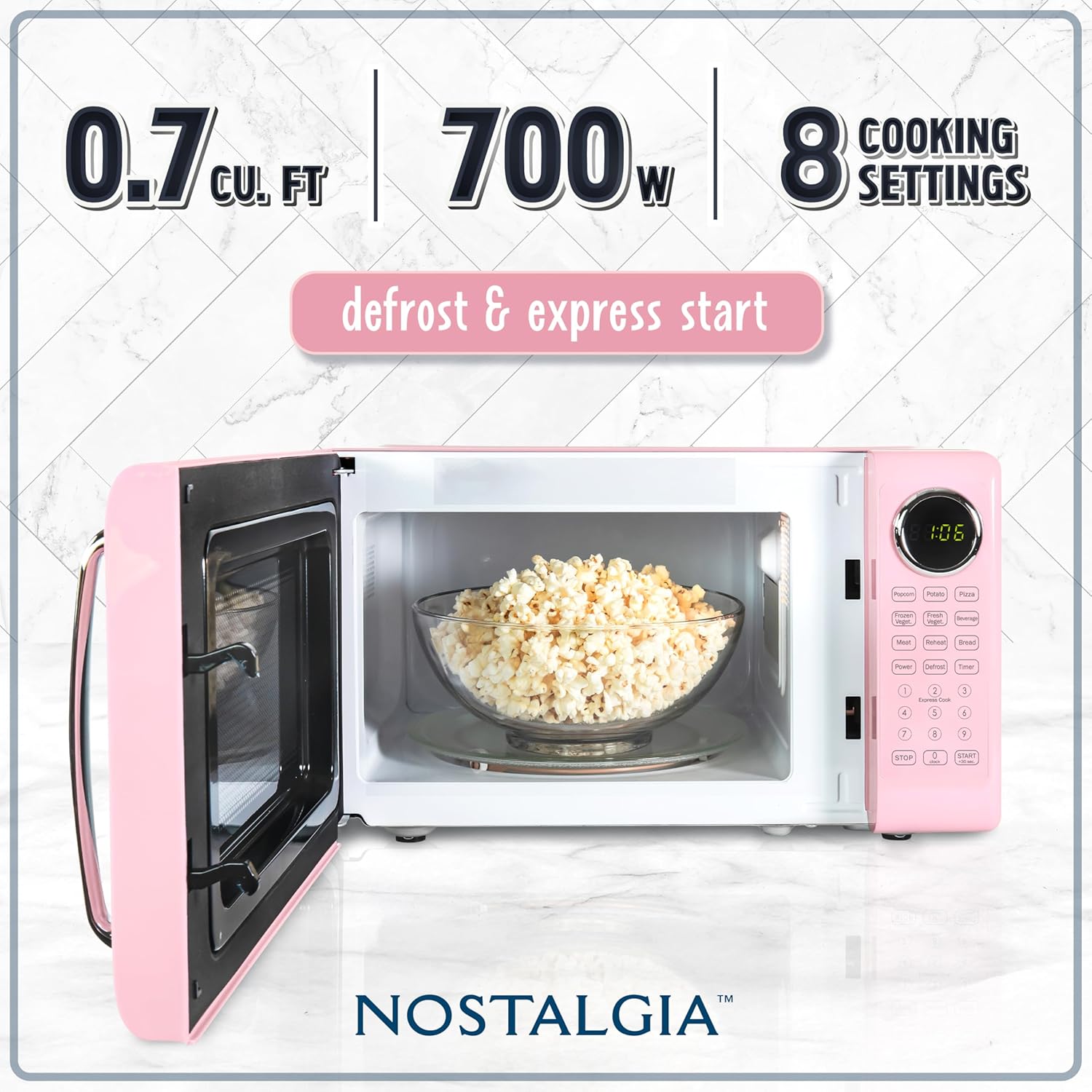 Nostalgia Retro Microwave Oven - 0.7 Cu Ft, 700-Watt Countertop Size with Glass Turntable, Child Safety Lock, 8 Auto-Cook Programs, Digital Clock - Pink