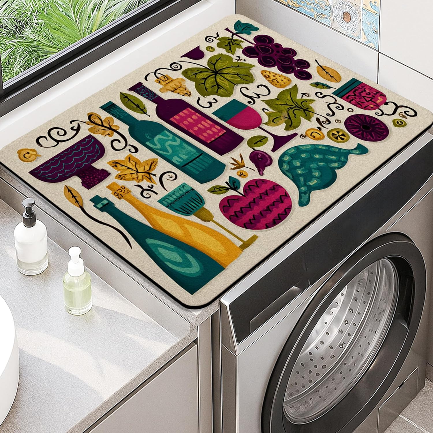 Vibrant Washer Dryer Top Protector Mat, Colorful Vintage Wine and Grapes Laundry Machine Covers, Autumn Rubber Anti-slip Waterproof Washer And Dryer Mats for Laundry Room 20x24 Inch