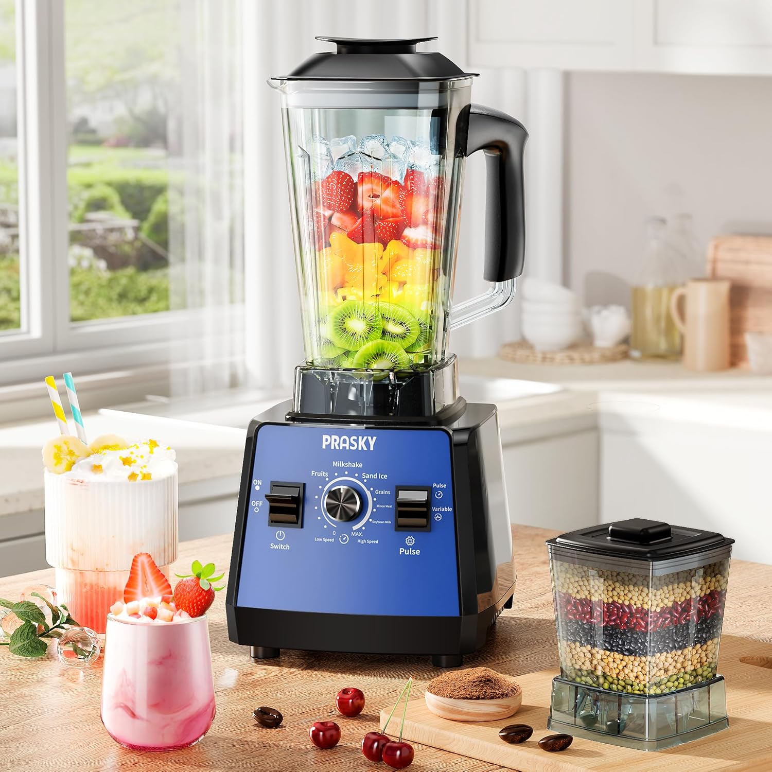 Blender, Smoothie Blenders, PRASKY Max.2400Watts/1000Watts Kitchen Blender and Grinder Combo 25000RPM Powerful Kitchen 68oz BPA Free 2 Containers Countertop Blenders Ice Crushing
