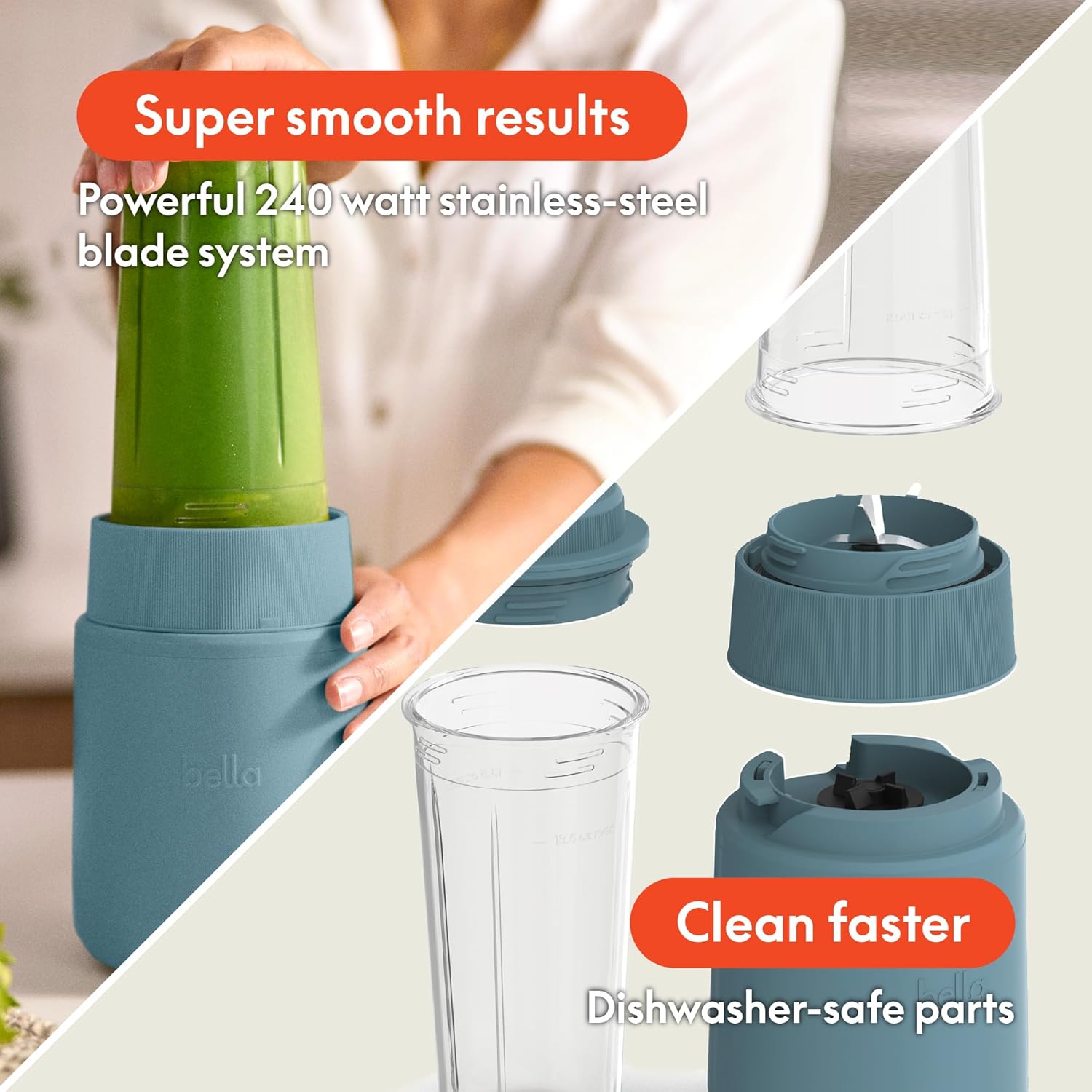 bella 6 Pcs Portable Rocket Blender, Juicer & Smoothie Maker, Press & Twist Design, EverGood™ & BPA Free Dishwasher Safe Parts, 4 Tip Stainless Steel Blade, Cord Wrap, 240 Watt Motor, Surf