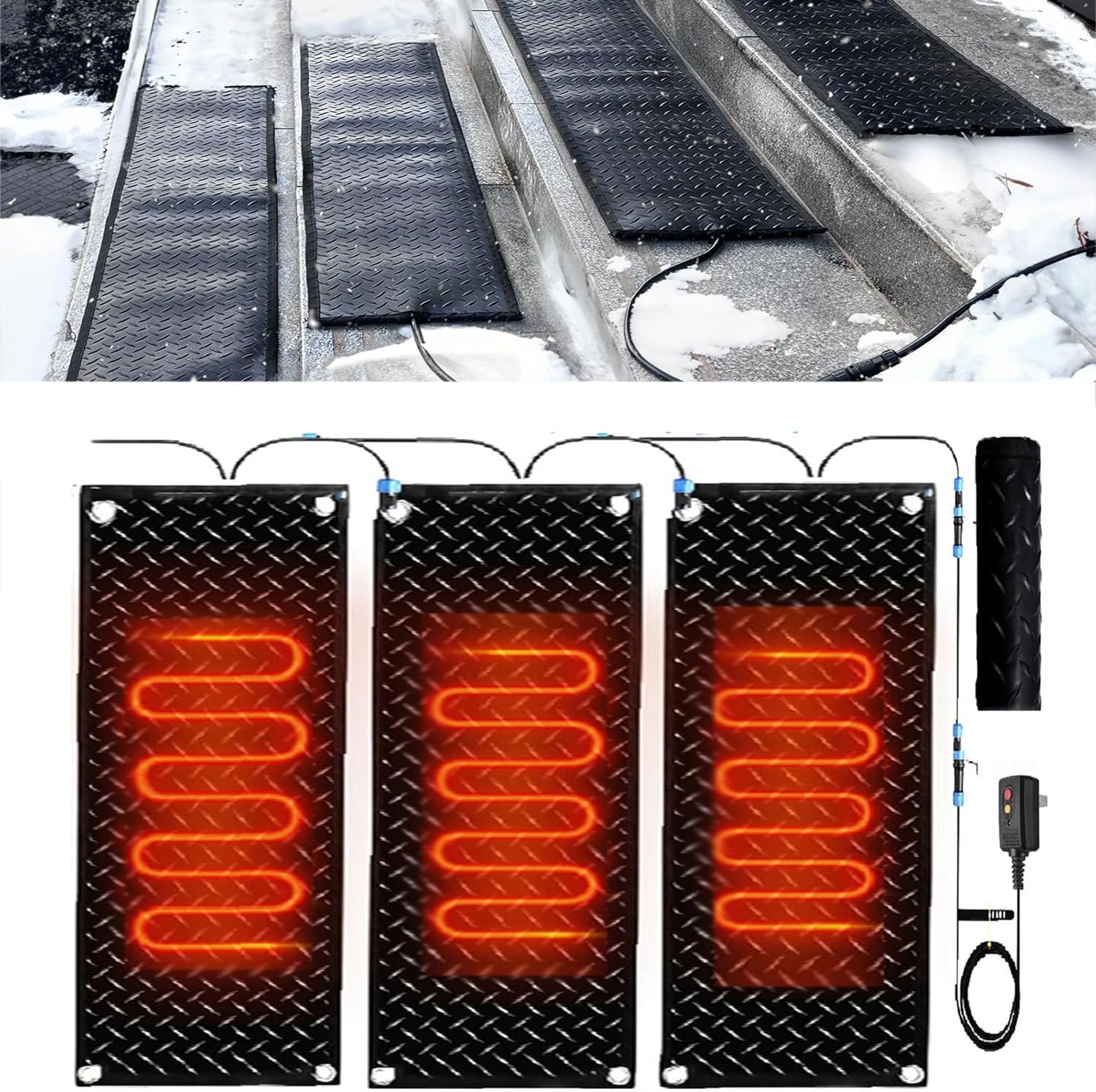 Snow Melting Mat, Heated Walkway Mat, 1/2/3/4/5 pcs Rubber Heated Mat with Power Cord, Outdoor No Slip Heated Door Mat, No More Shoveling, Salting and Slipping, for(3 Pcs-12x24in/(30x60cm))
