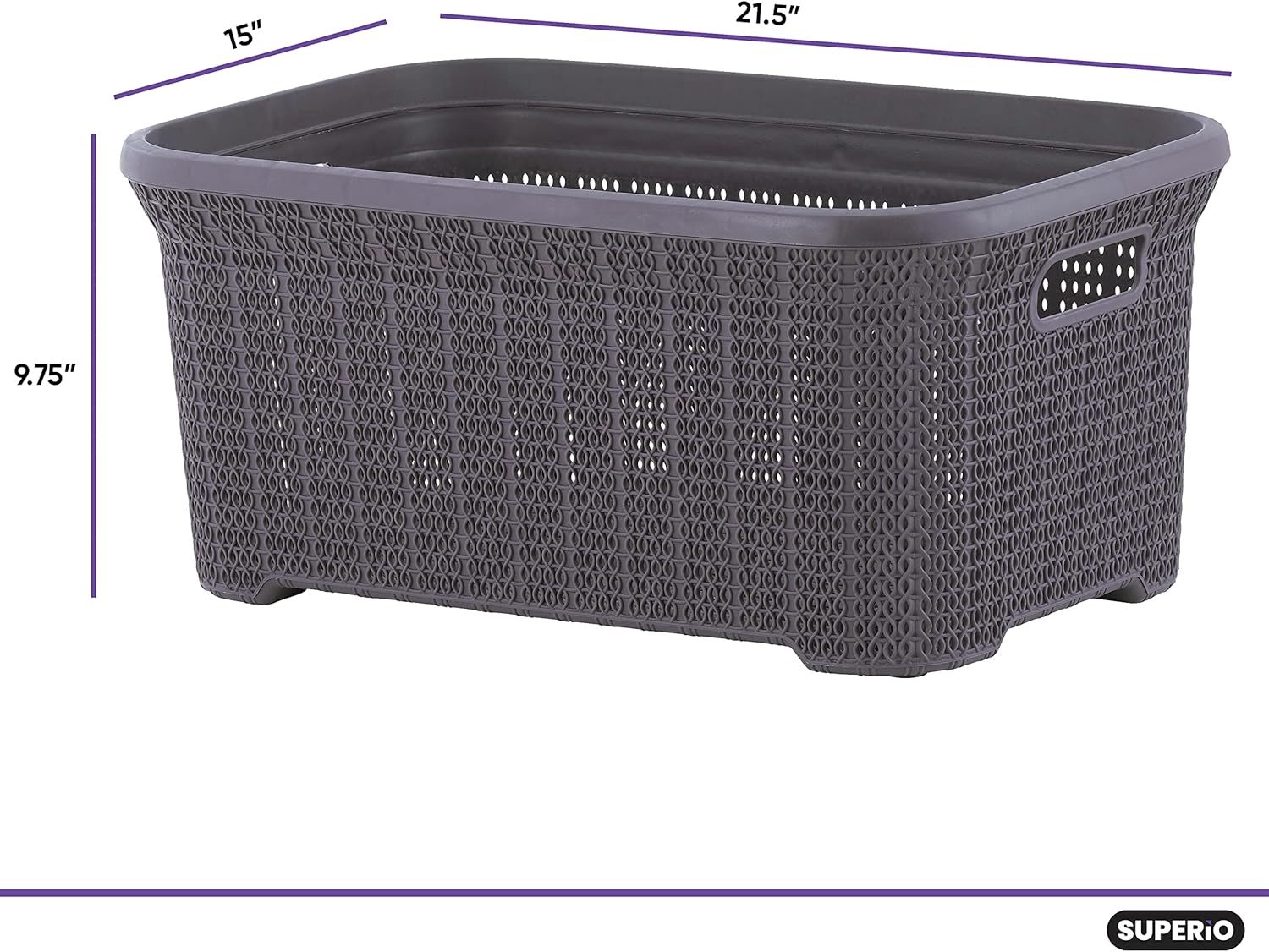 Superio Superio Laundry Basket Knit Style, with Cut Out Handles, Purple 40 Liter (637)