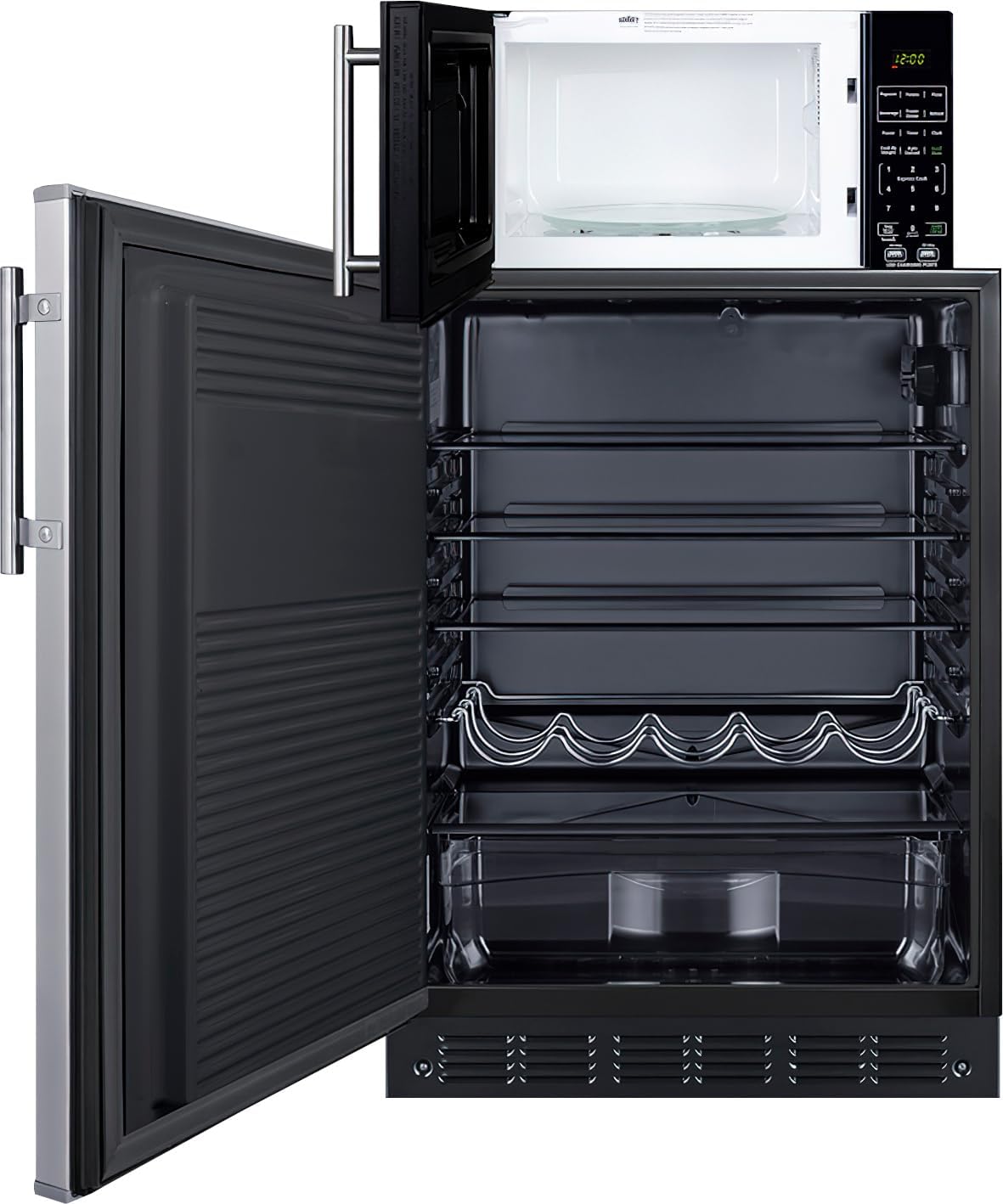 Summit Appliance MRF708BLSSALHD Microwave/Refrigerator Combination with Allocator; Includes FF708BLSSLHD All-refrigerator, and SM903BSA1 Microwave; Automatic Defrost; 5.1 cu.ft Capacity; LHD Swing