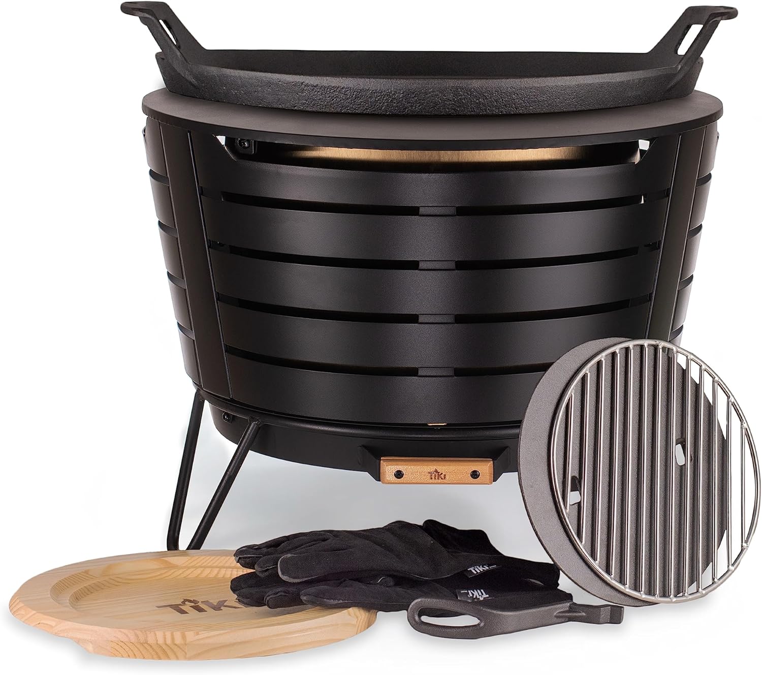 TIKI Brand Patio Smokeless Fire Pit with Cast Iron Griddle Combo Set Bundle