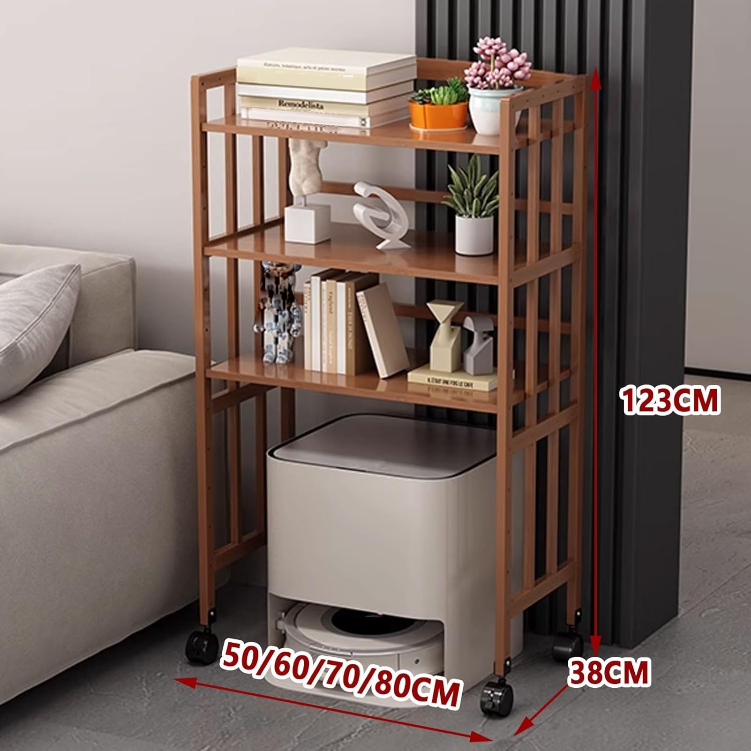 Mobile Sweeper Robot Storage Cabinet Shelf Multi-Functional Modern Vacuum Storage Stand Swivel Casters with Brakes Adjustable Shelf Height Multi-Layer(Natural,80 * 38 * 123cm)