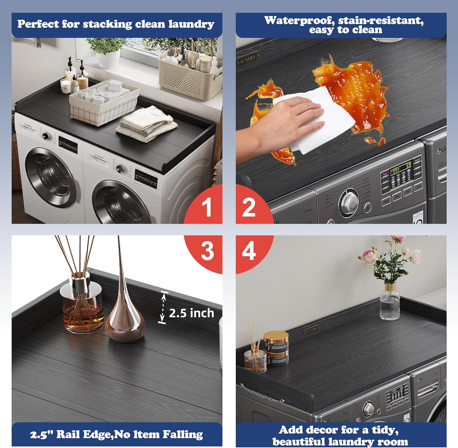 Washer Dryer Countertop HDPE No Installation - Washer and Dryer Topper Covers for The Top Laundry Room Organization and Storage Waterproof