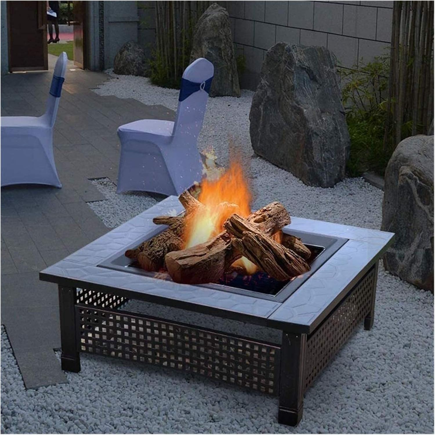 Outdoor Fire Pit 32in Outdoor Fire Pit Metal Square Firepit Wood Burning Backyard Patio Garden Beaches Camping Picnic Bonfire Stove