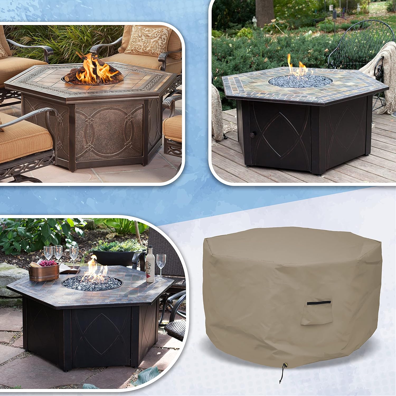 Covers & all Octagon Fire Pit Cover 12 Oz Waterproof - 100% Weather Resistant Outdoor Fire Pit Table Cover with Air Pocket & Drawstring for Snug Fit (40