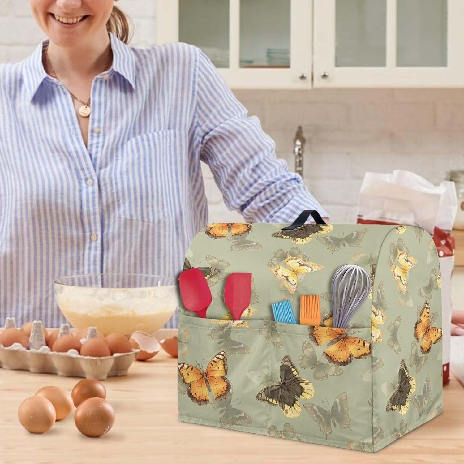 Stand Mixer Dust Cover, Mixer Accessories Stand Blender Dust Cover with Storage Pockets Portable & Large Capacity Blender Dust Cover for Home Decor Green Butterfly