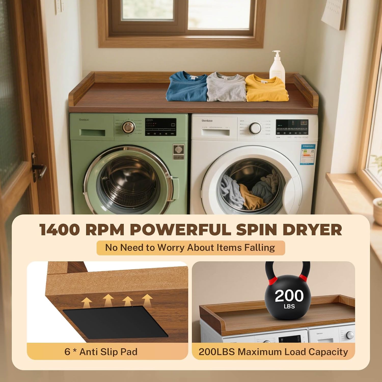 FAHKNS Washer Dryer Countertop - Wood Laundry Washer Dryer Topper with Anti-Slip Mat, 54