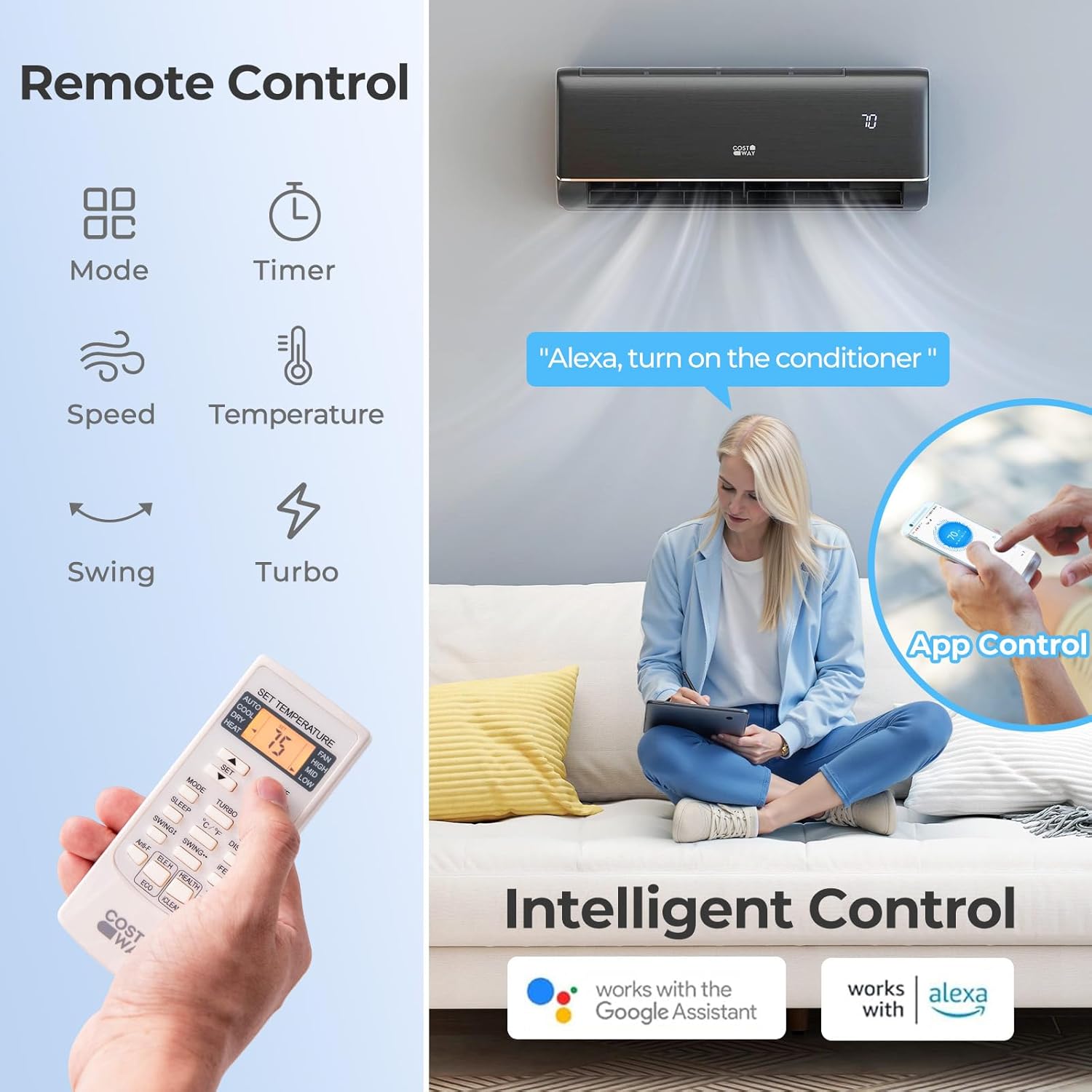 COSTWAY 12000BTU Mini Split Air Conditioner& Heater, 22 SEER2 115V Inverter Heater Pump System Cools Up to 450 Sq. Ft, Compatible with Alexa, Installation Kit (12000BTU, 115V, 22 SEER2)