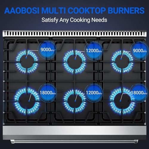 AAOBOSI 36 Inch Front Control Gas Range Oven with 6 Cooktop Burners, 6 Cu. Ft True Convection and Self Clean, Freestanding Stainless Steel Heavy Duty Gas Range Stove with Halogen Light,Large Capacity