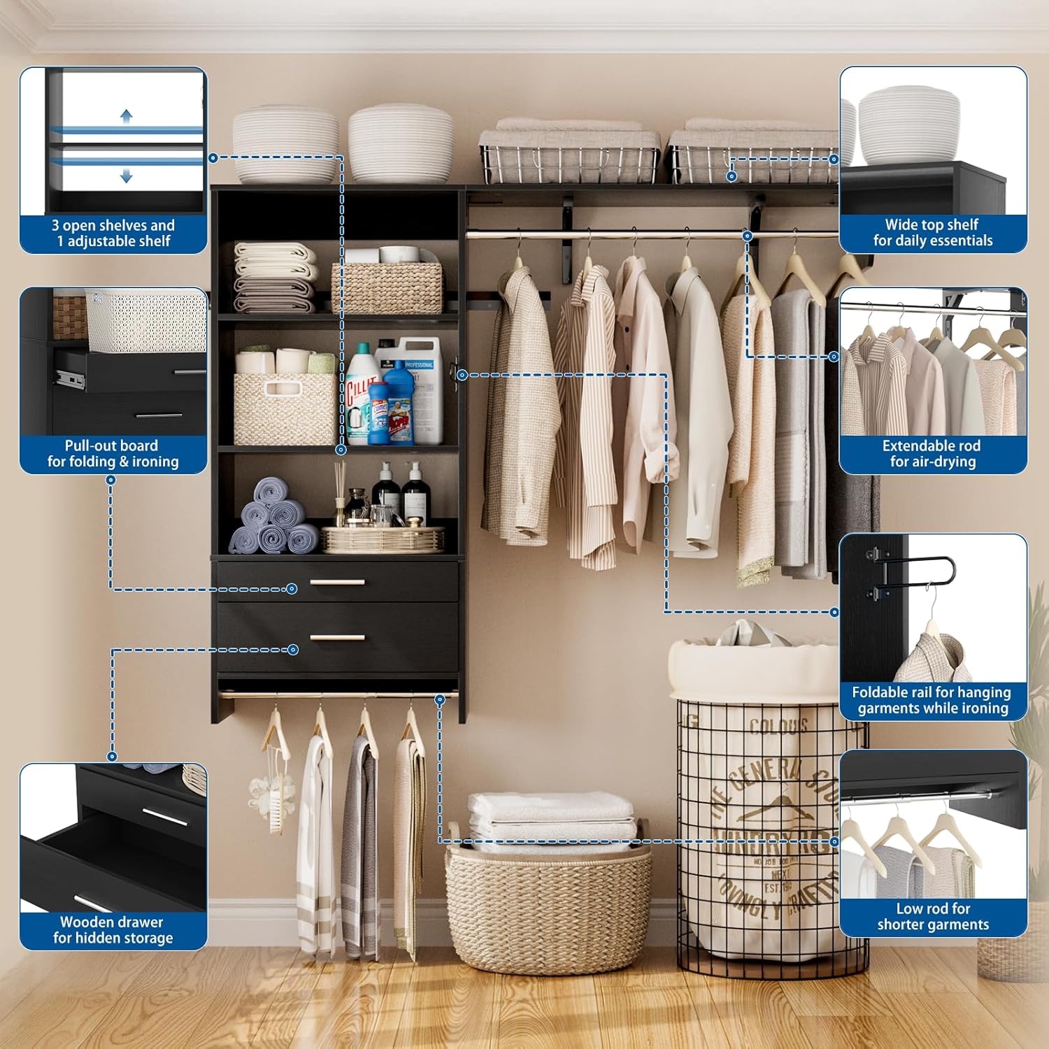 Wood Laundry Room Organizer System with Drawer, Wall Mounted Over Washer and Dryer Storage Shelves with Pull-Out Board & Hang Rods, Space Saver Clothes Drying Rack, Black